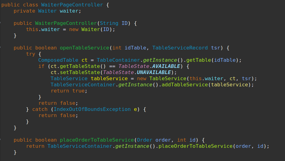 Porzione di codice della classe WaiterPageController