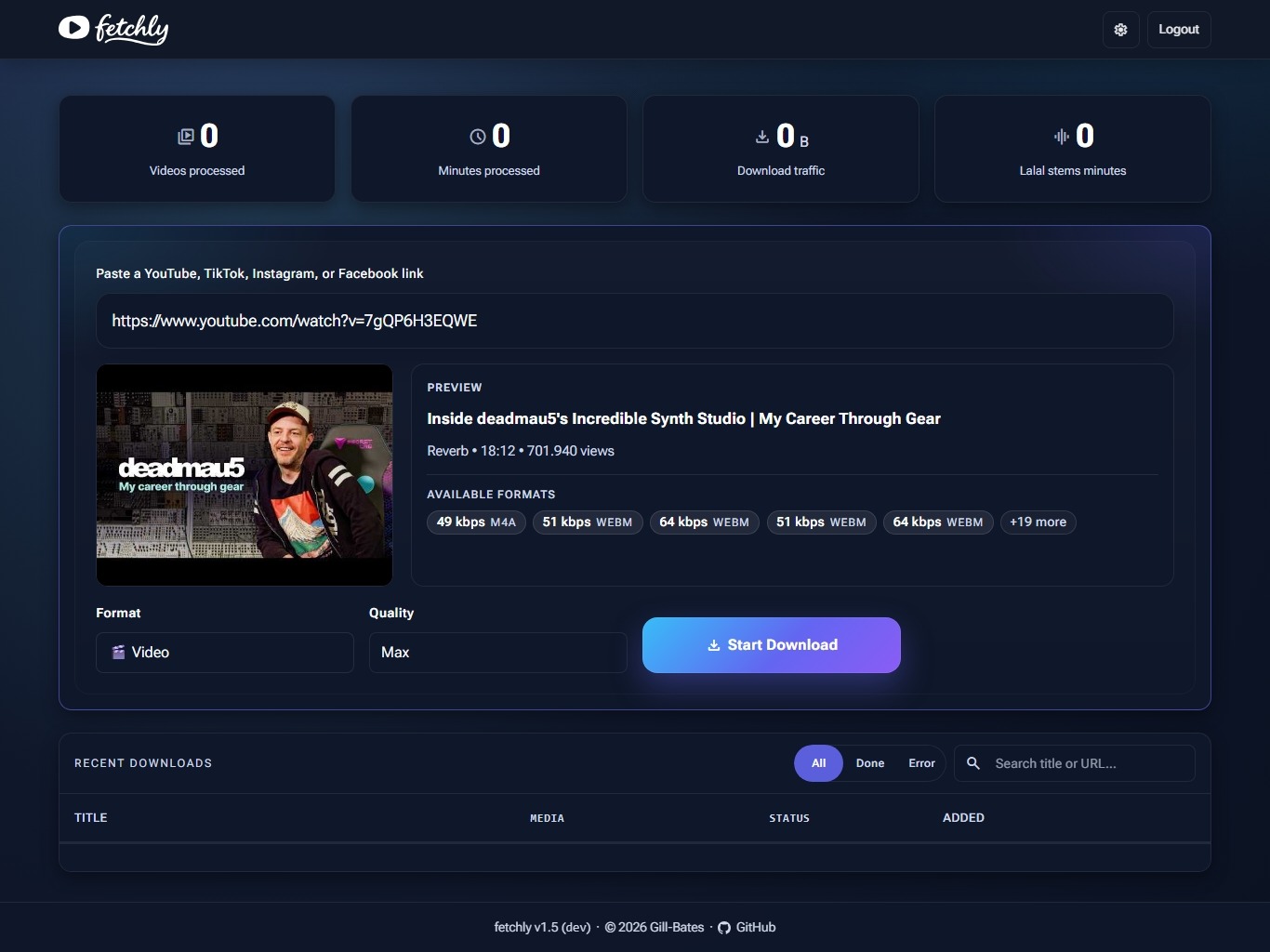 fetchly dashboard: link input, video preview, format picker, and recent downloads