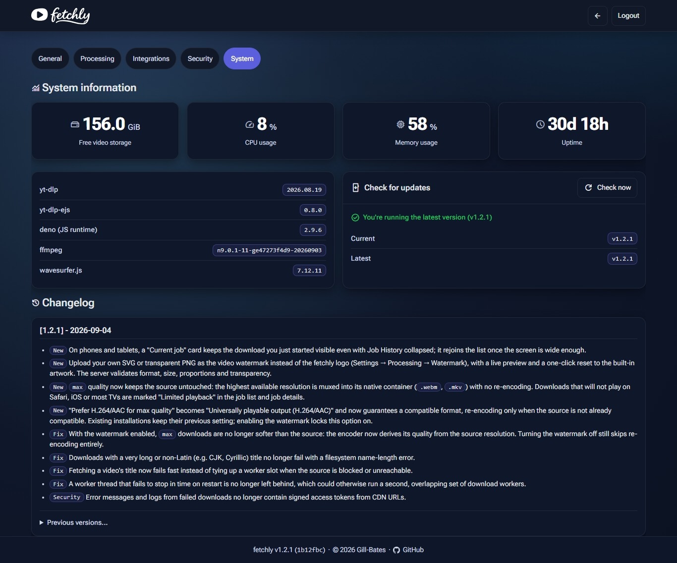 fetchly settings: host resources, component versions, update check, and changelog