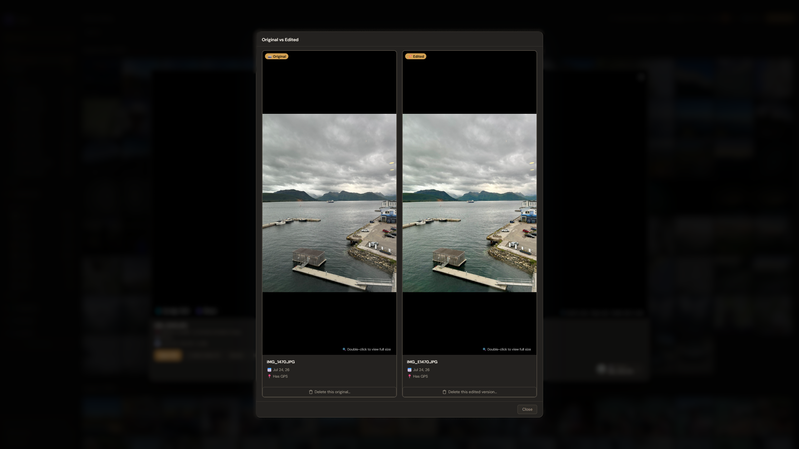 The original and the edited version side by side, with a delete button under each