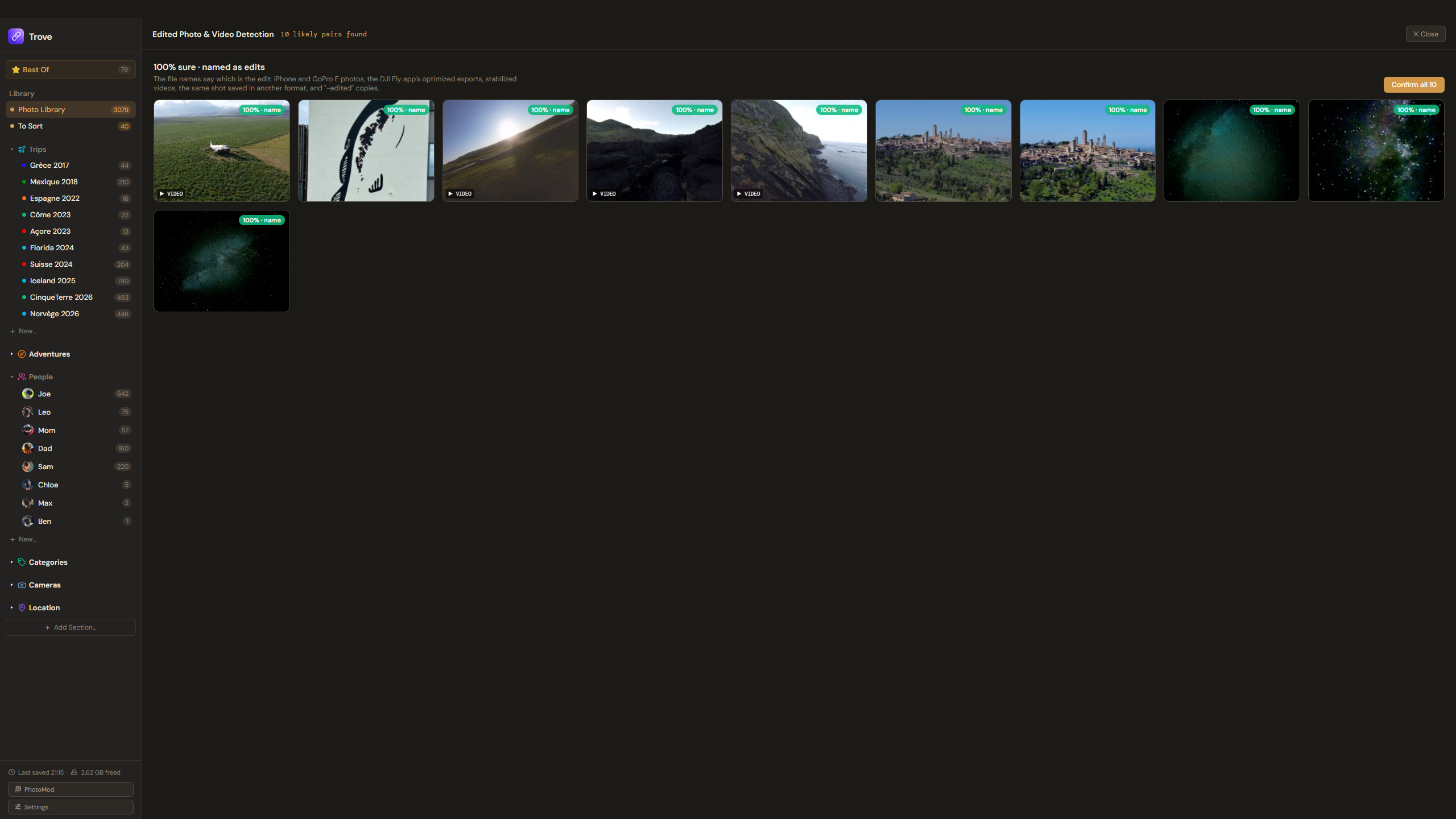 Find Edited: a batch of certain pairs with a Confirm all button, then visual matches to check
