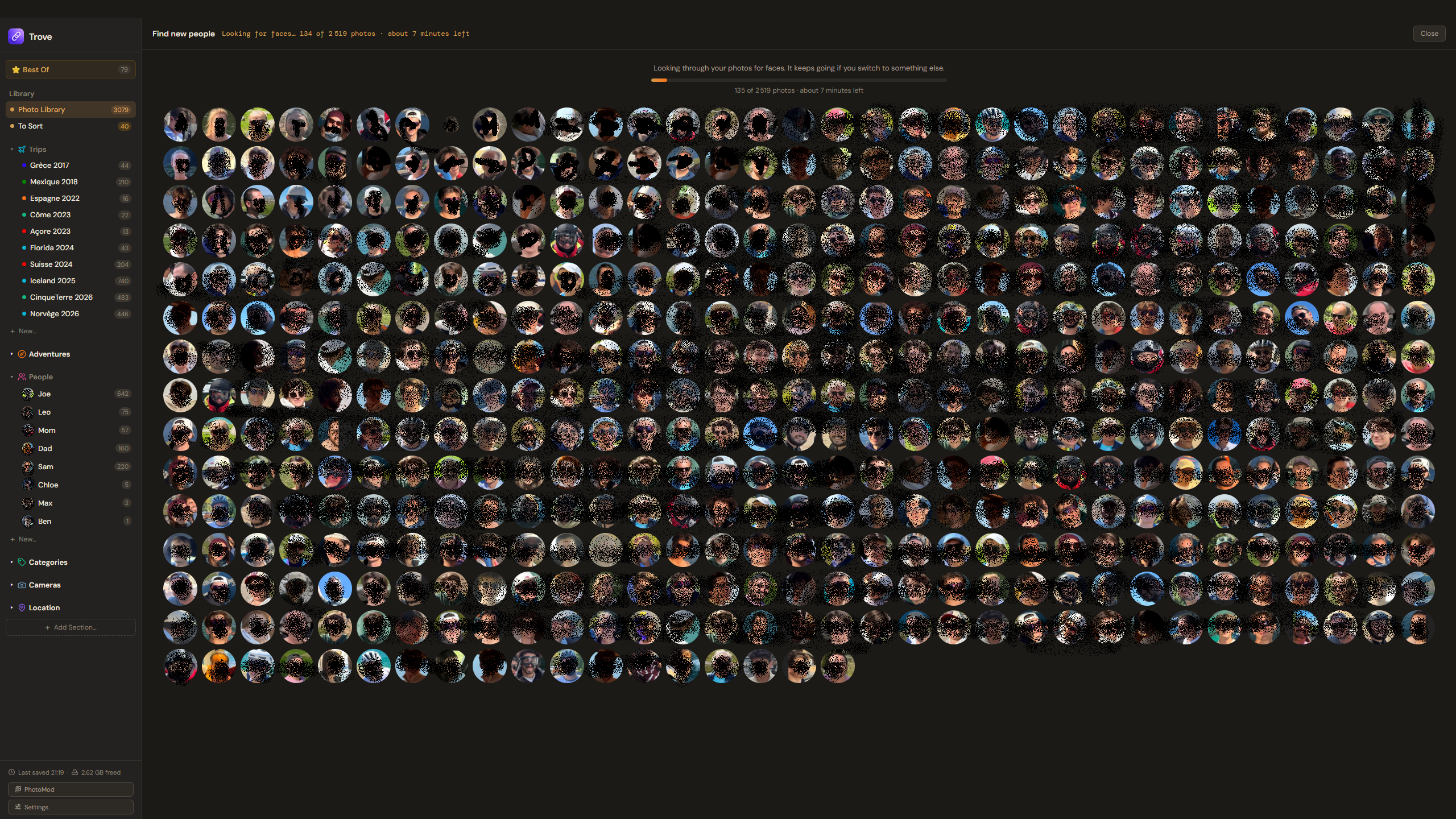Find new people scanning: a wall of faces filling the screen, with the progress bar and time left