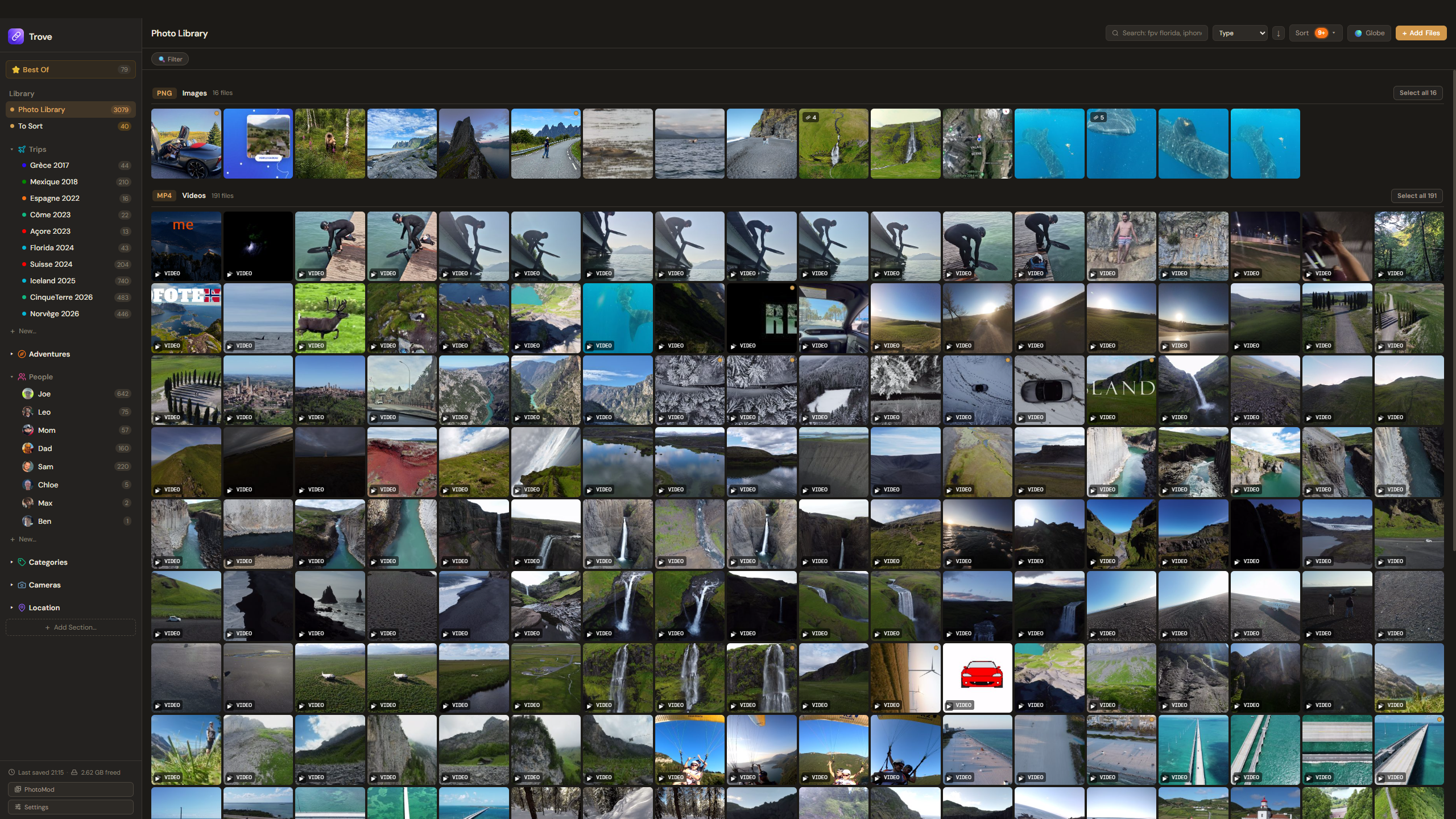 The library sorted by type, with RAW photos, photos, and videos in their own groups