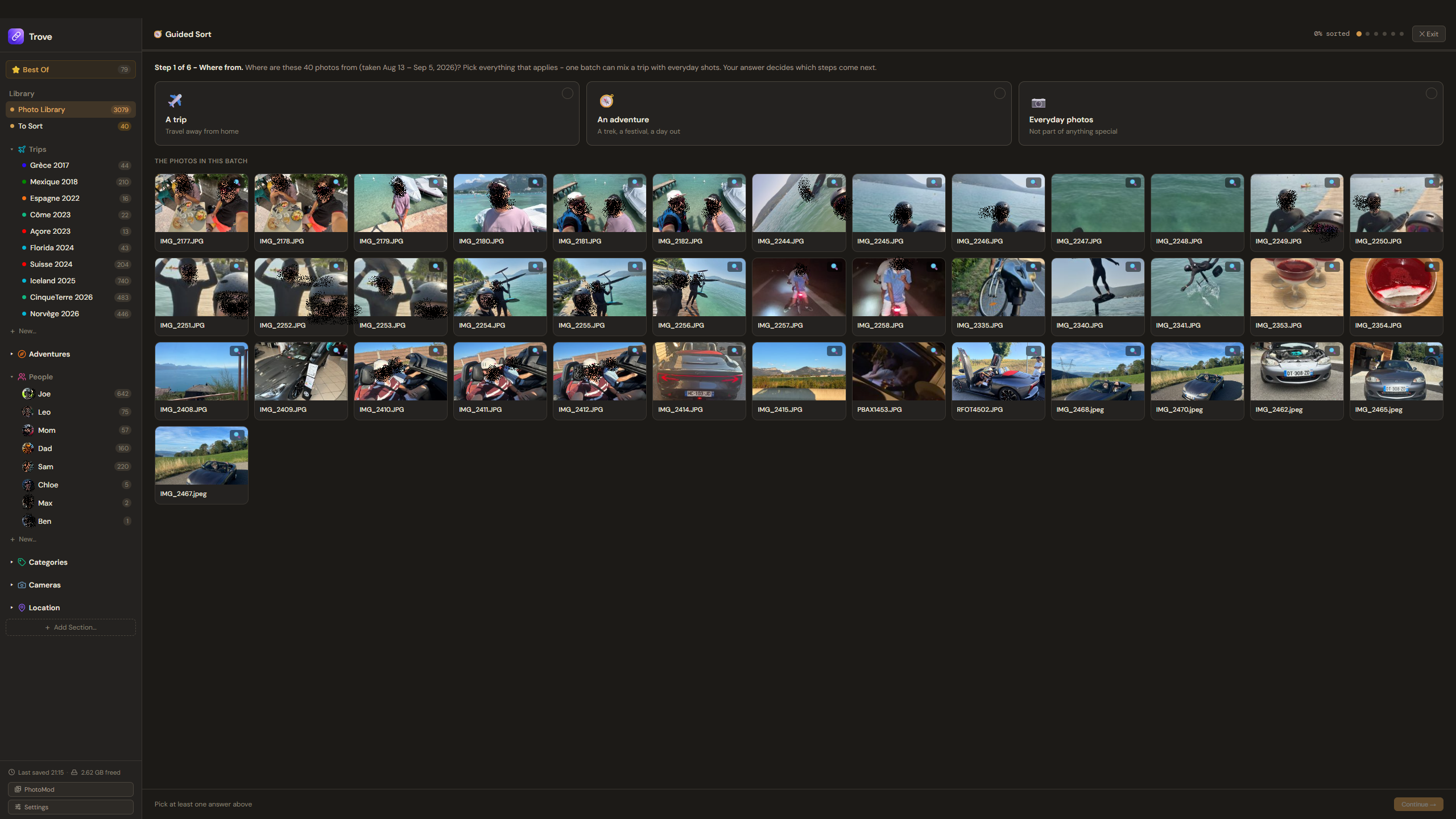 Guided Sort showing one cluster of photos and a single question to answer
