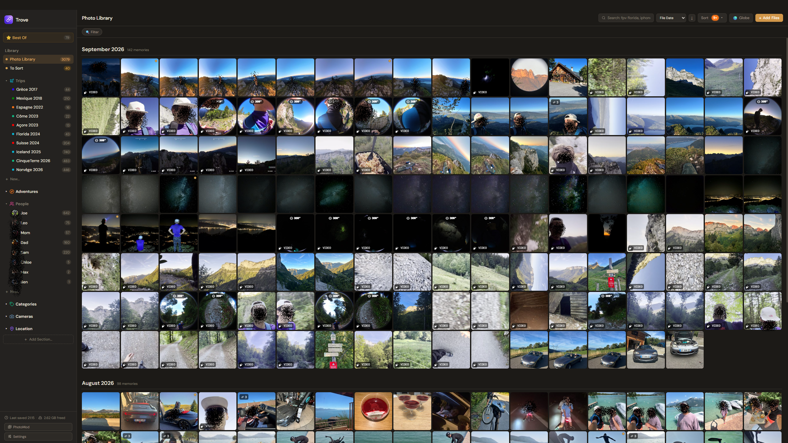 Trove's library grid, every photo and video in one timeline