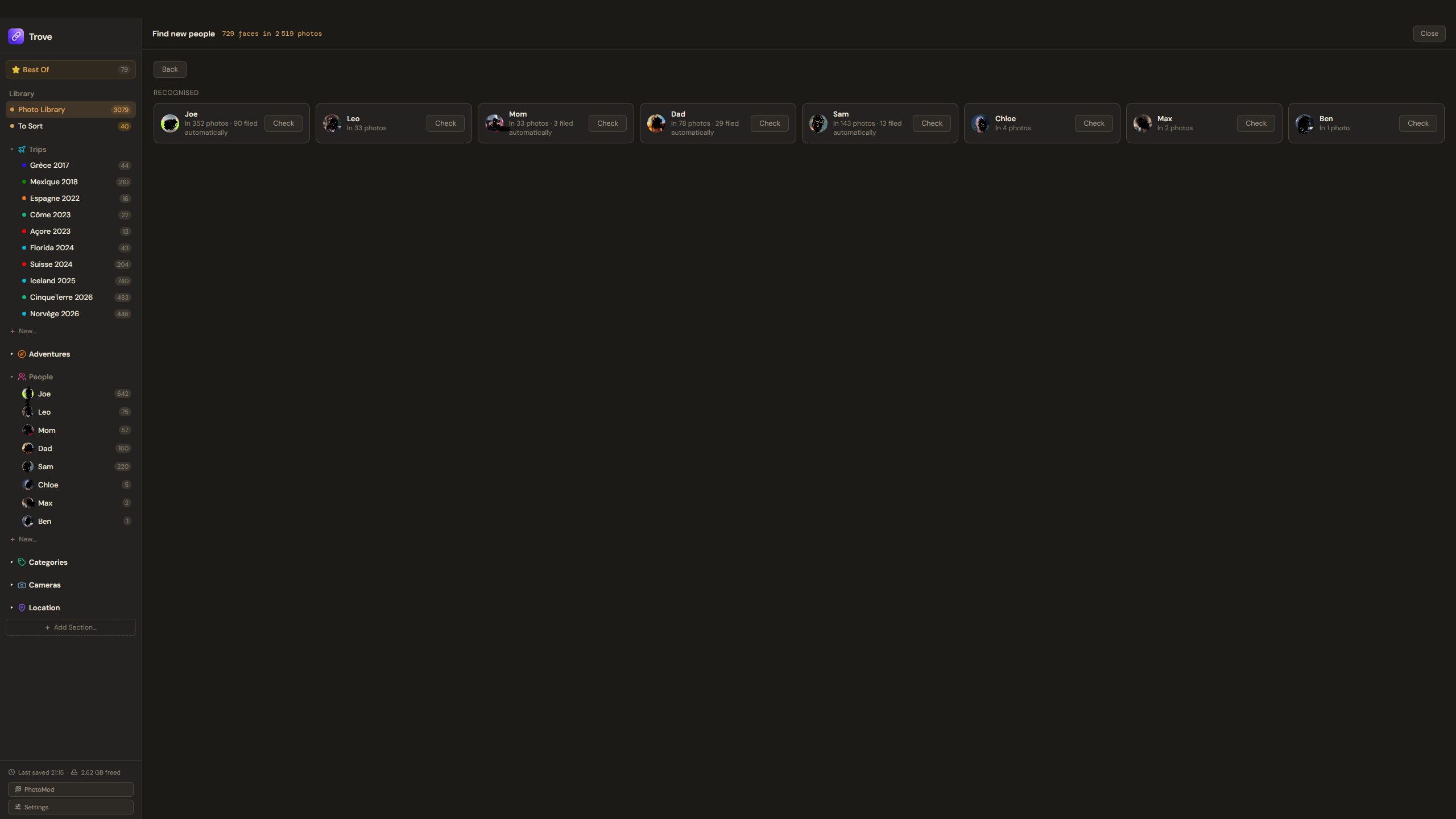 Everyone Trove recognized, each person with all the photos they appear in
