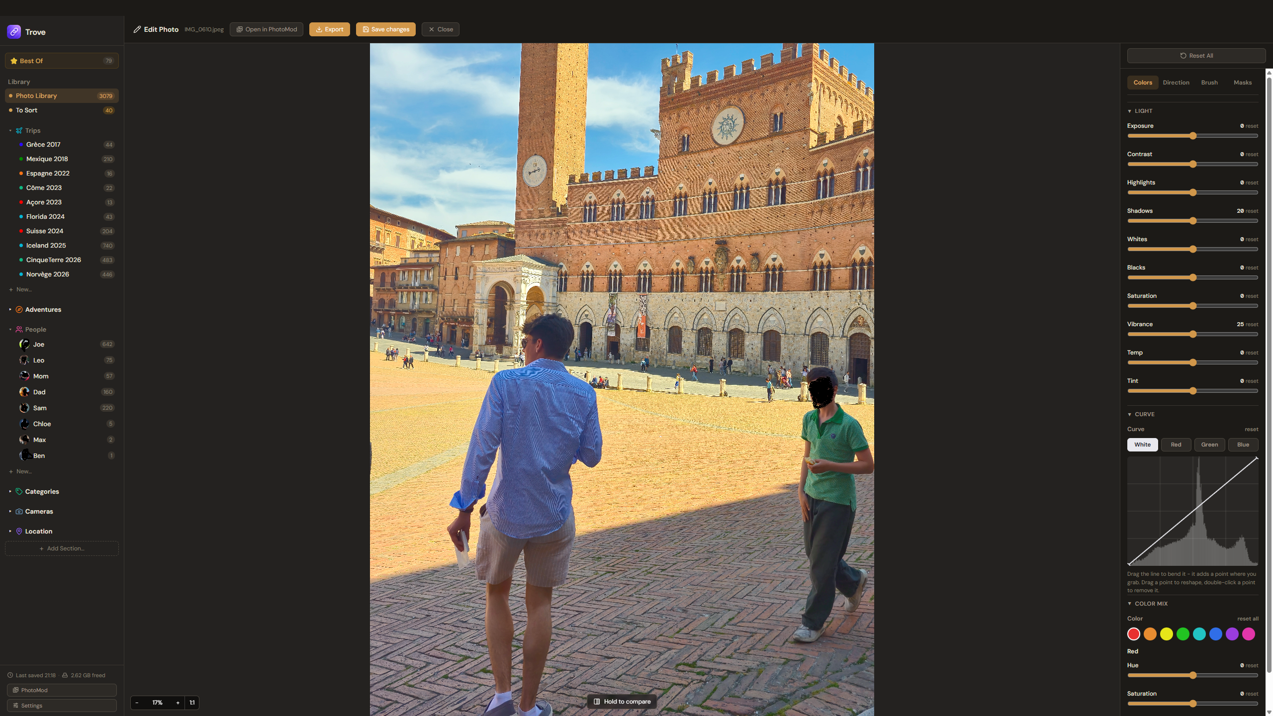 Edit Photo open on a landscape, with the color sliders and tone curve