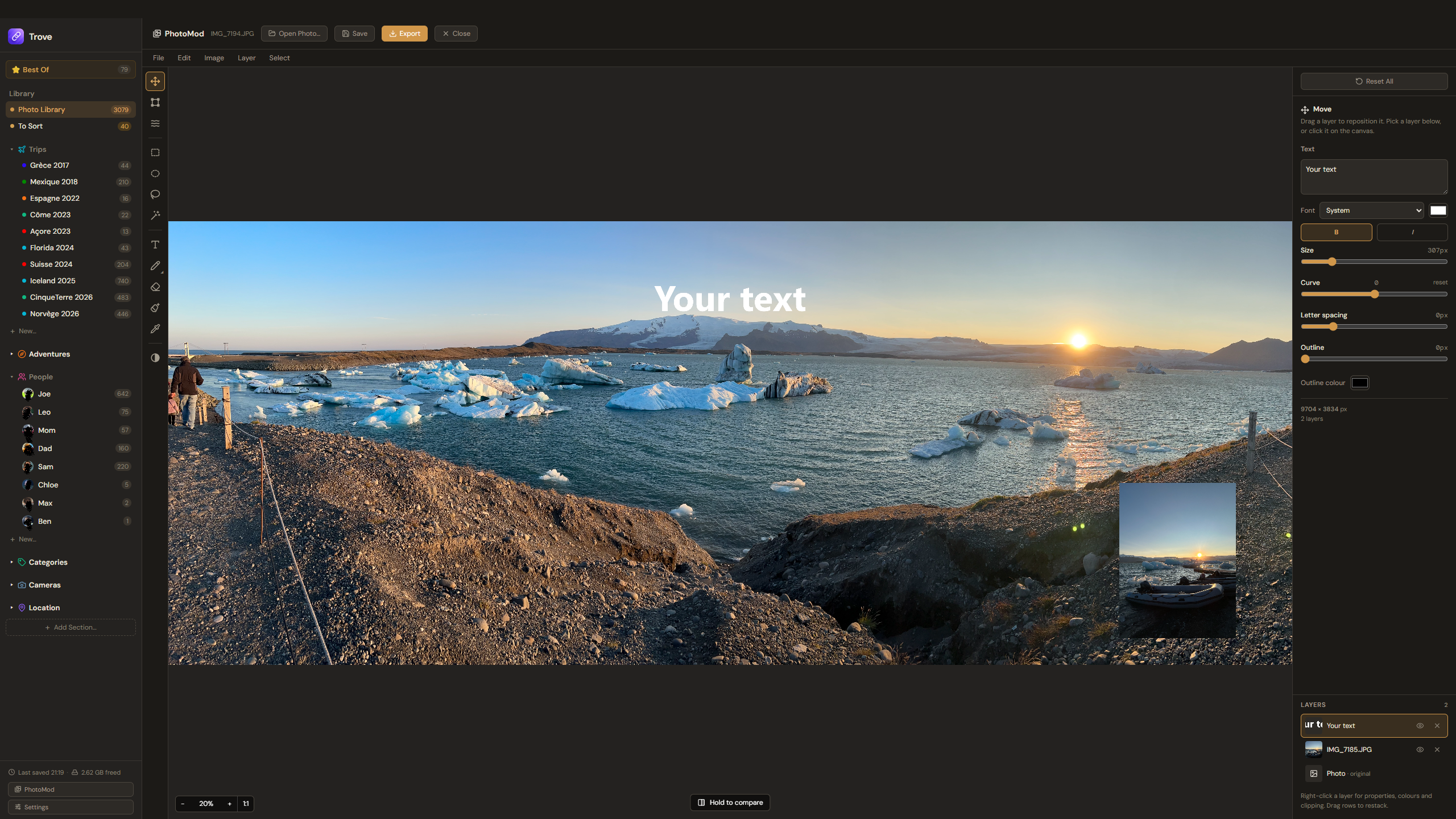 PhotoMod with a photo, a placed photo layer, and a text layer, with the tools and Layers panel