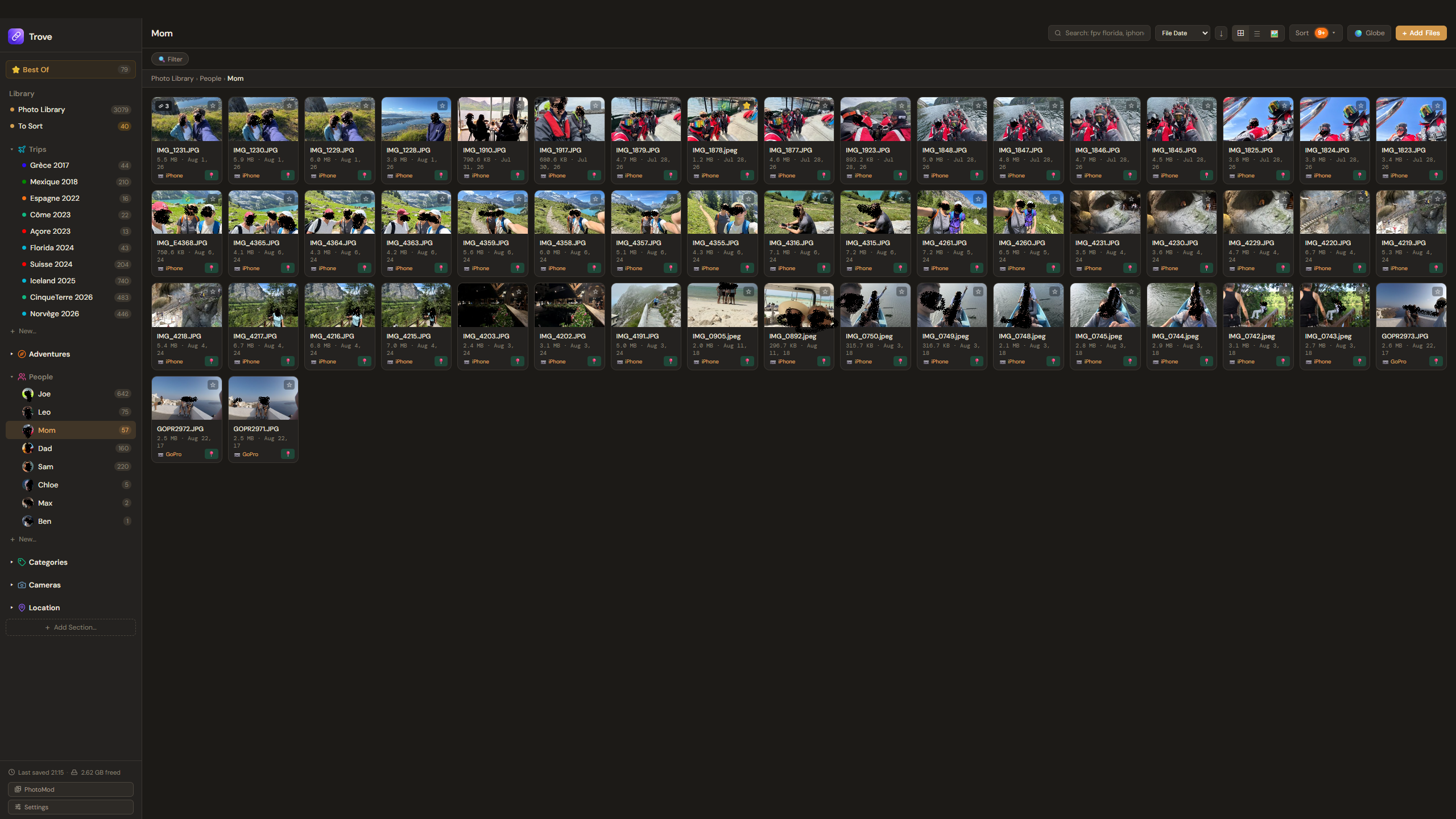 The sidebar with Trips, People (each shown with a face photo), Categories, Cameras, and Location