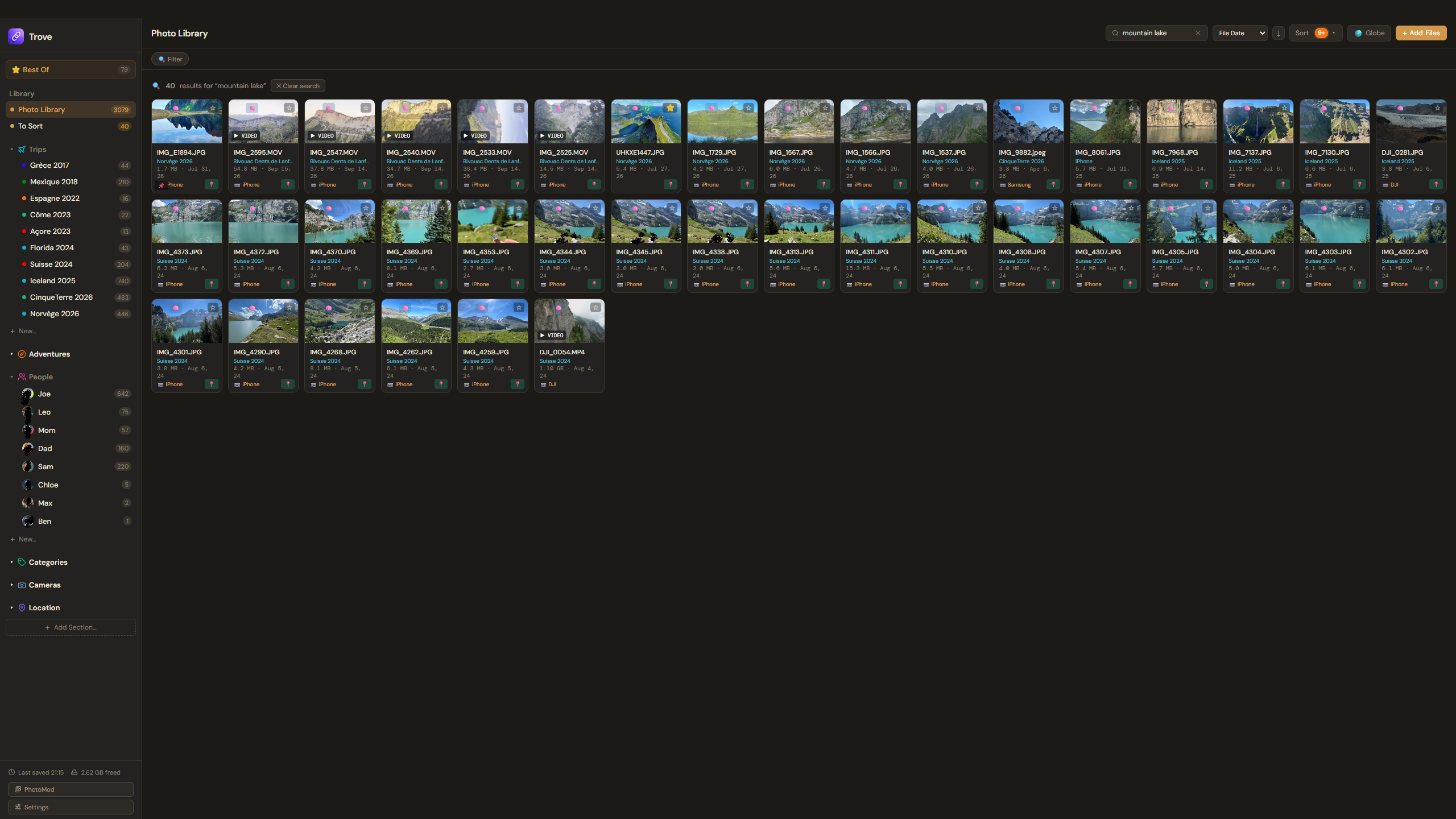 Searching "mountain lake" finds matching photos by what's in them, not by filename