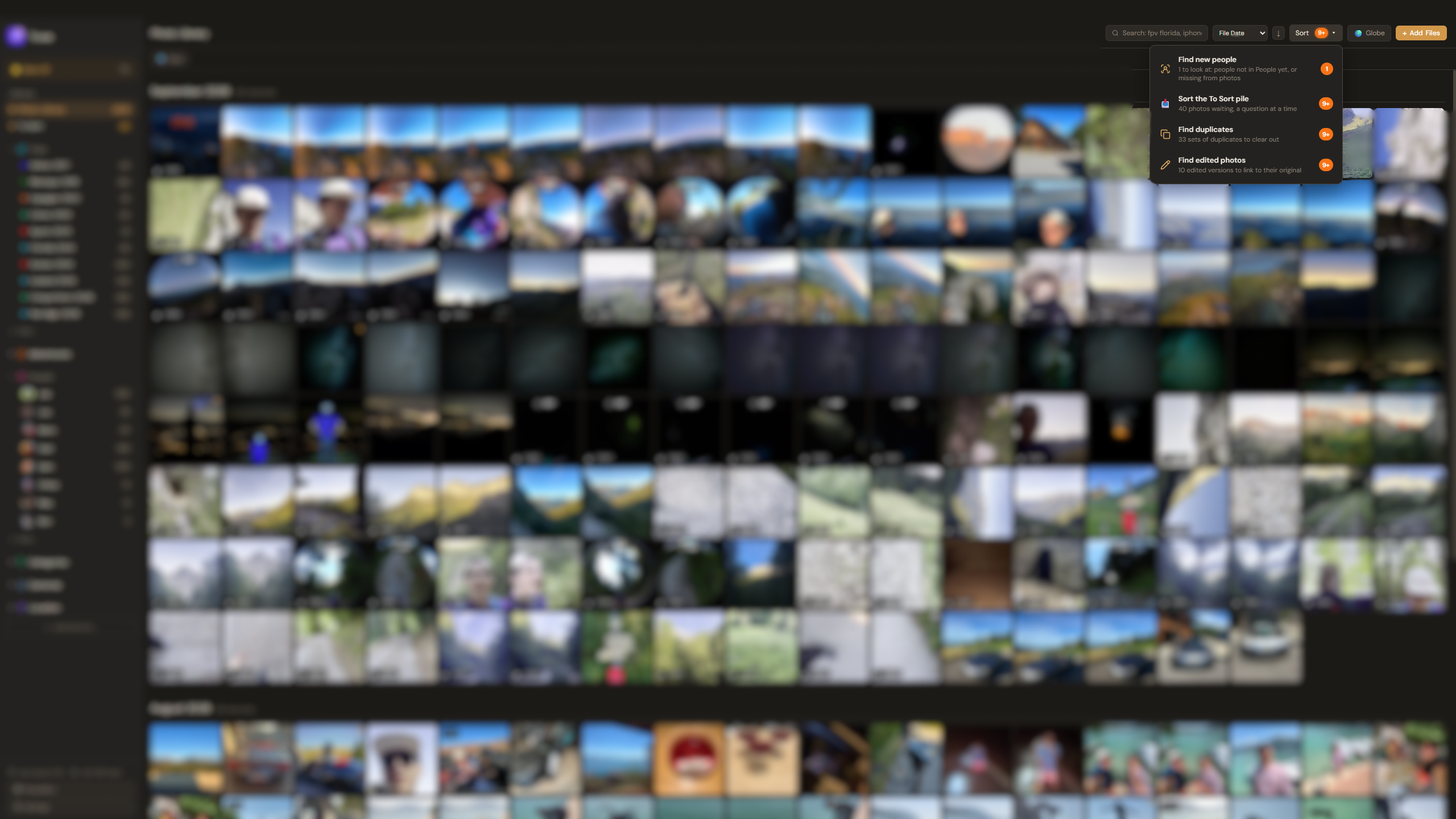 The Sort menu open, listing Guided Sort, Find new people, Find Duplicates, and Find Edited with their counts