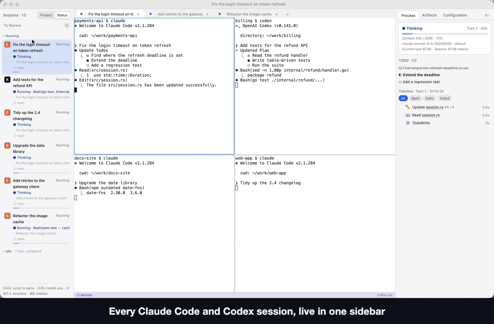 A 44-second tour of gilvt: sessions changing state in the sidebar, jumping to the one that needs you, per-turn artifacts and diff, ⌘P with rendered Markdown and Mermaid, Session Center, the Monitor, asking the Monitor, and switching themes