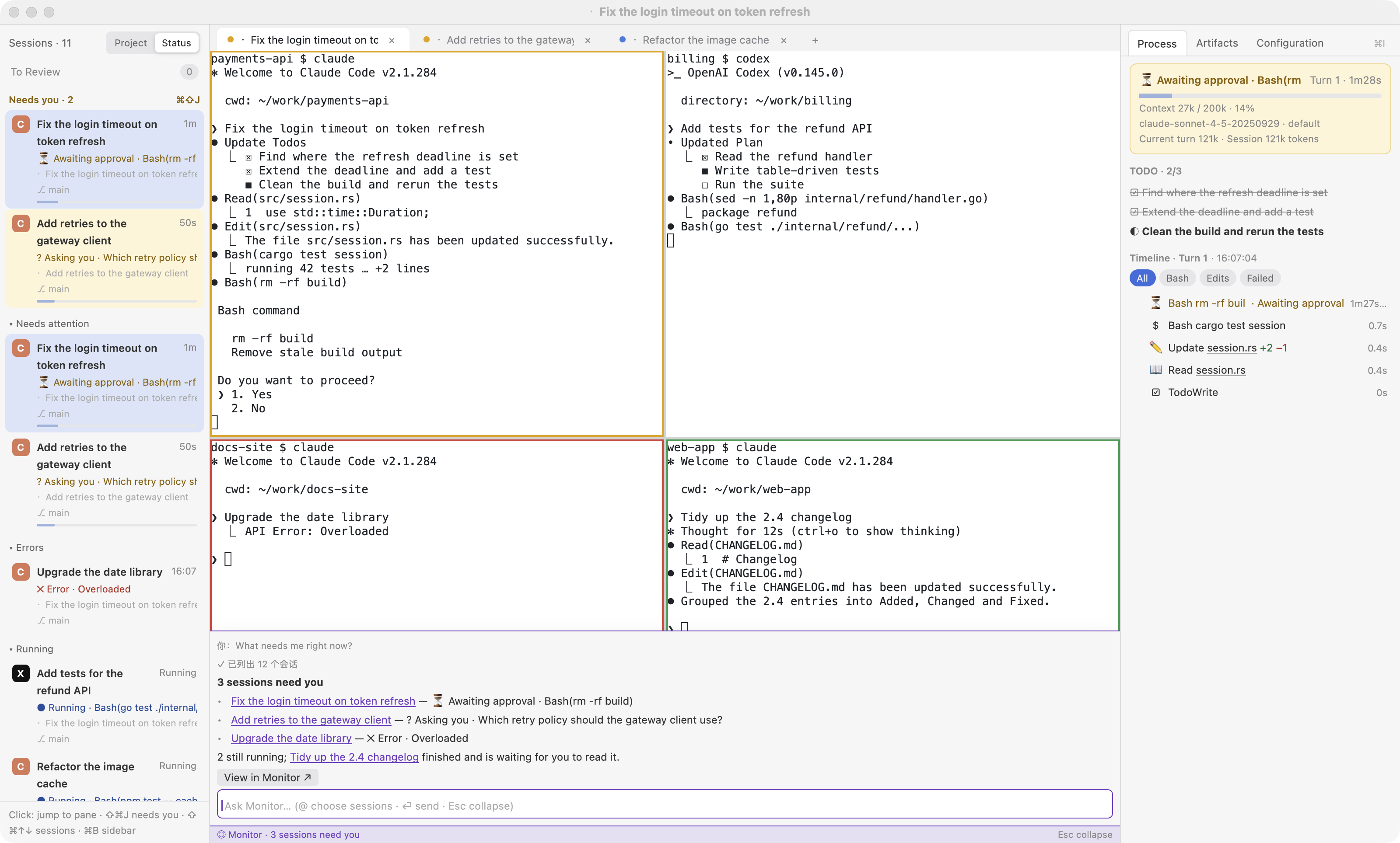 gilvt with six agent sessions: the sidebar grouped by status, four split panes (awaiting approval, running, error, done), the inspector timeline, and the Monitor command bar answering “What needs me right now?”