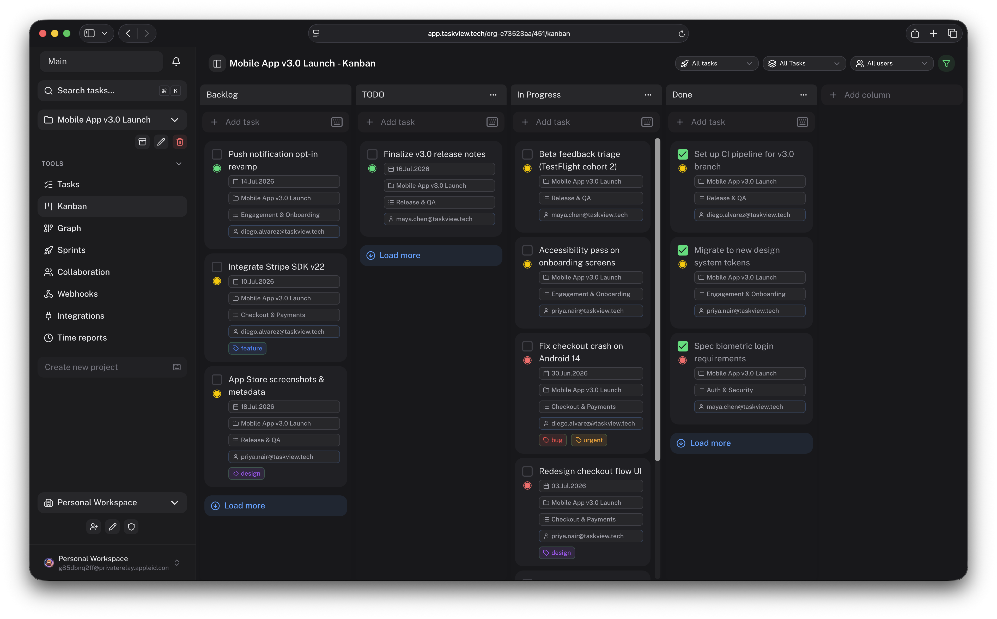 TaskView — Kanban board
