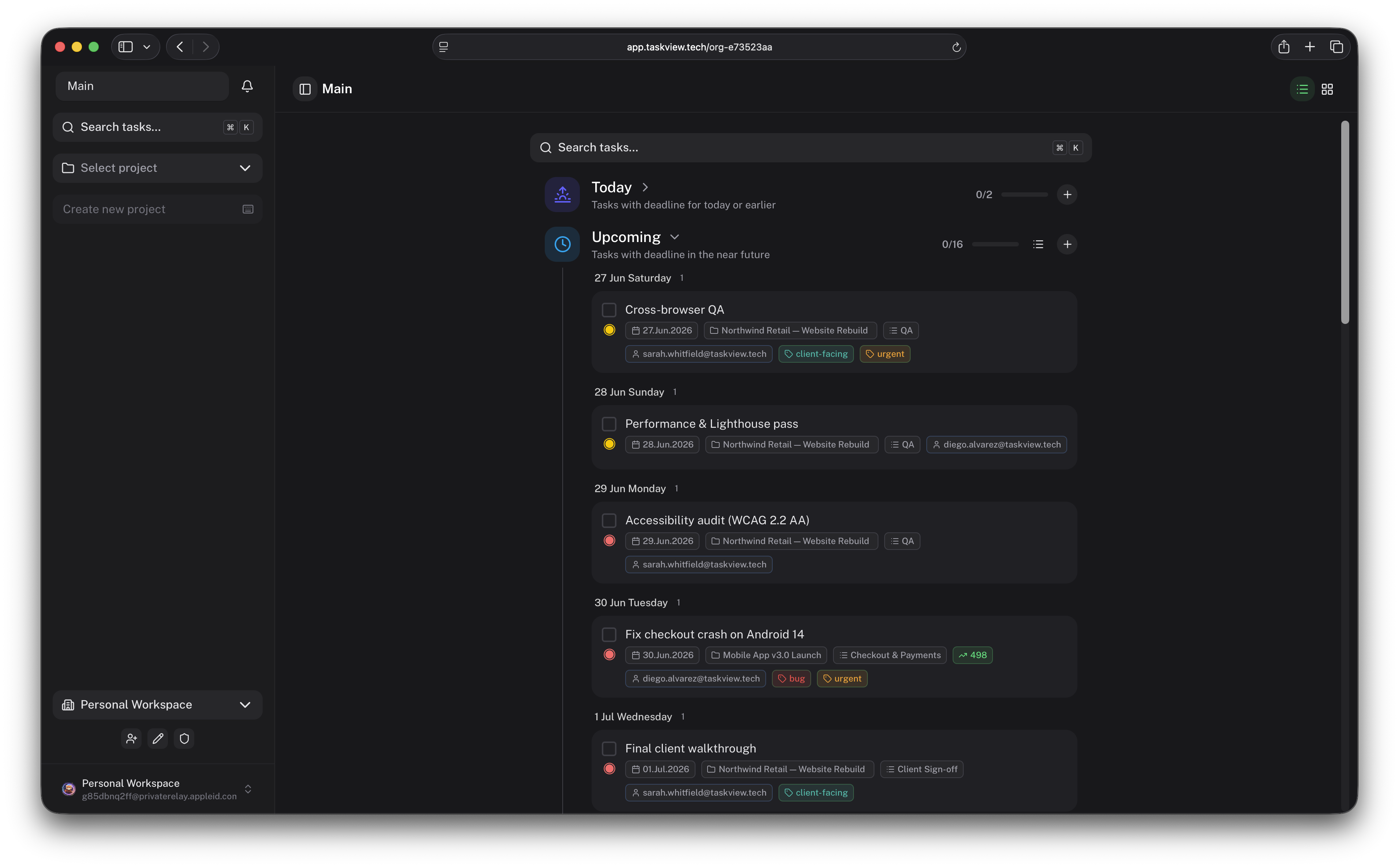 Main dashboard with collapsed sidebar (dark theme)