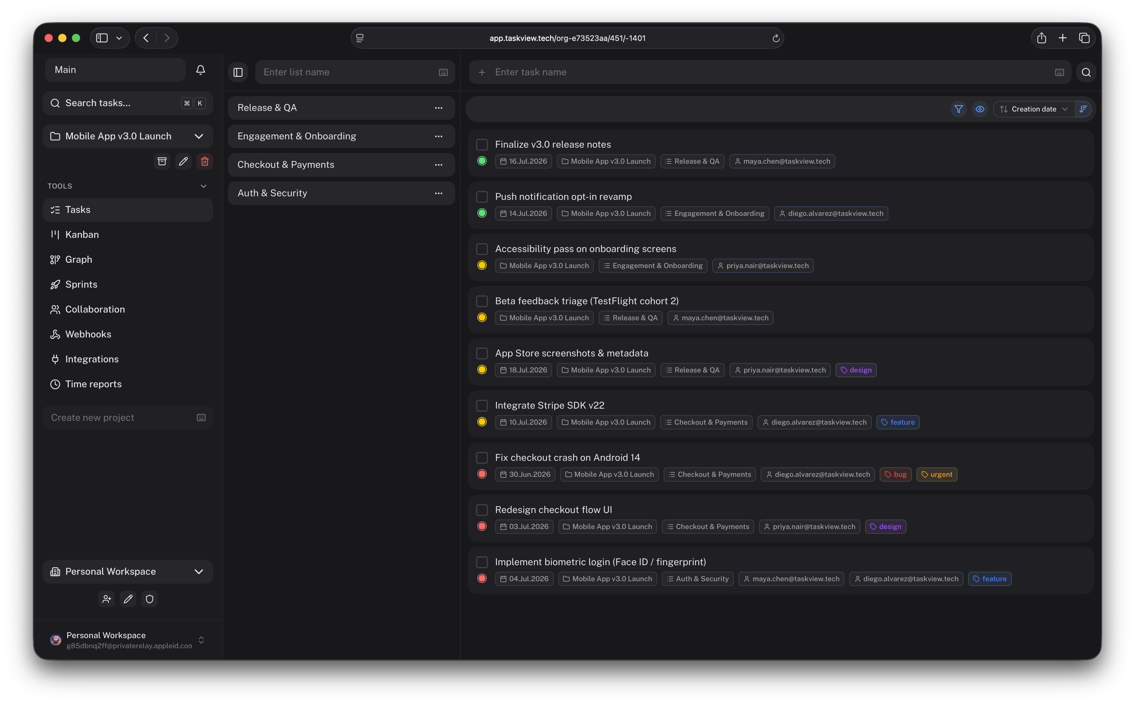 Task list view (dark theme)