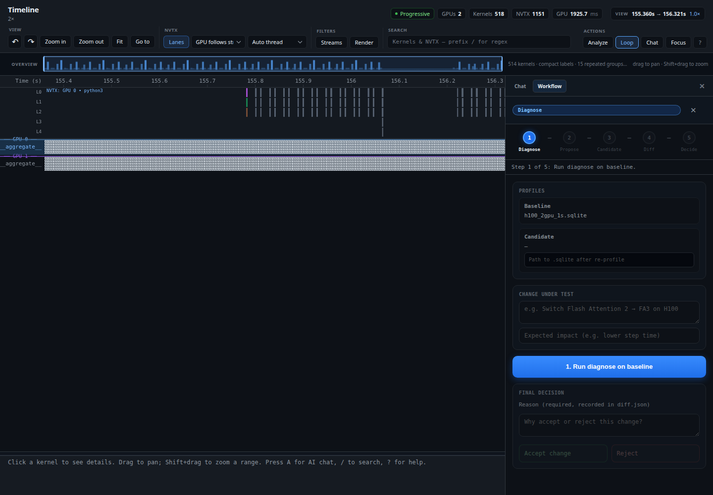 nsys-ai timeline viewer with the guided optimization workflow open