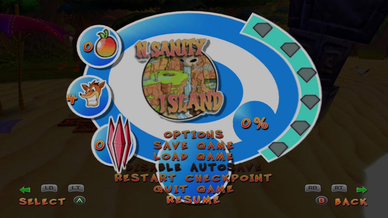 The pause menu, with an Xbox controller's buttons