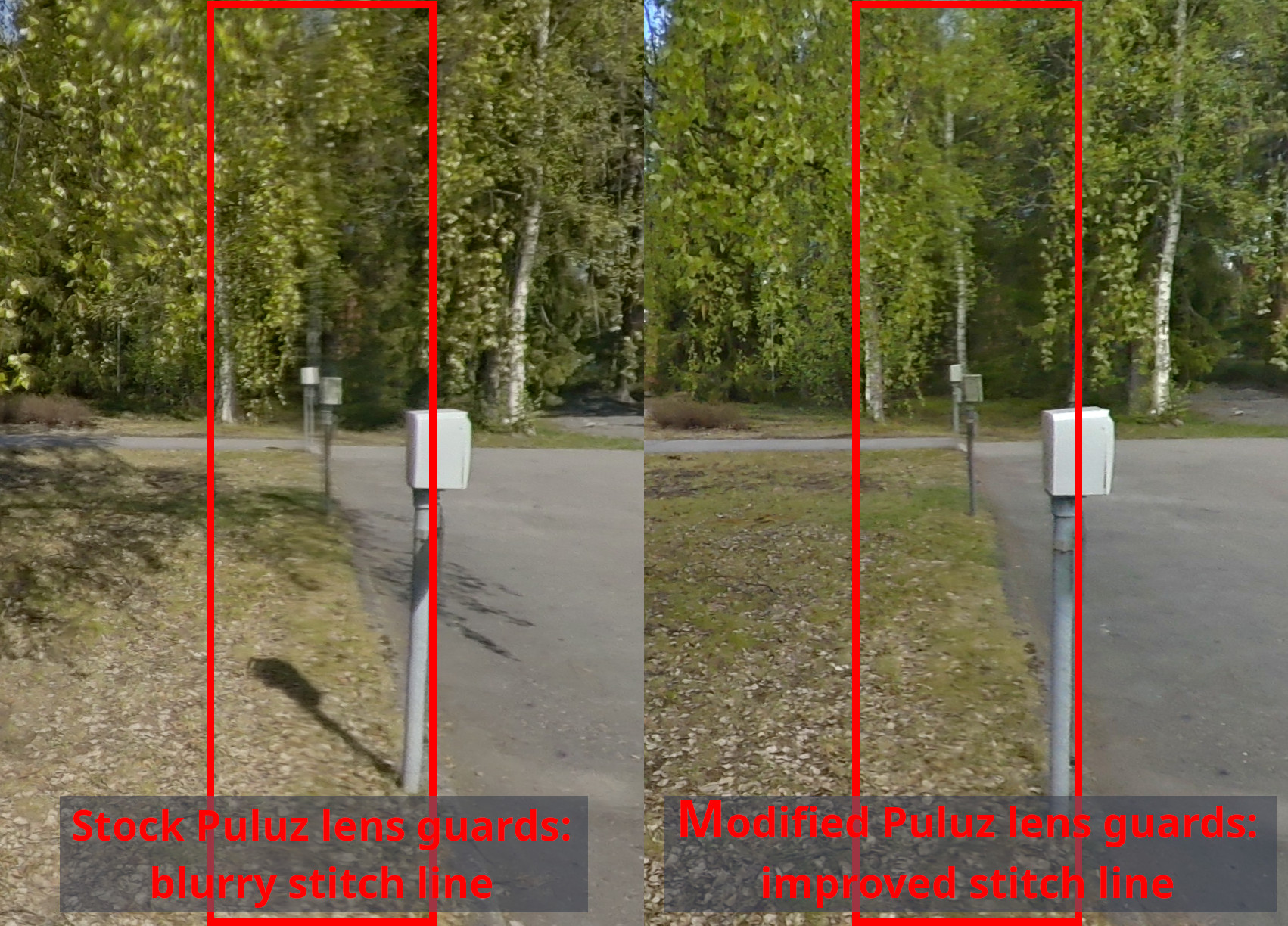 Stitch line with the stock Puluz lens guards vs modified lens guards