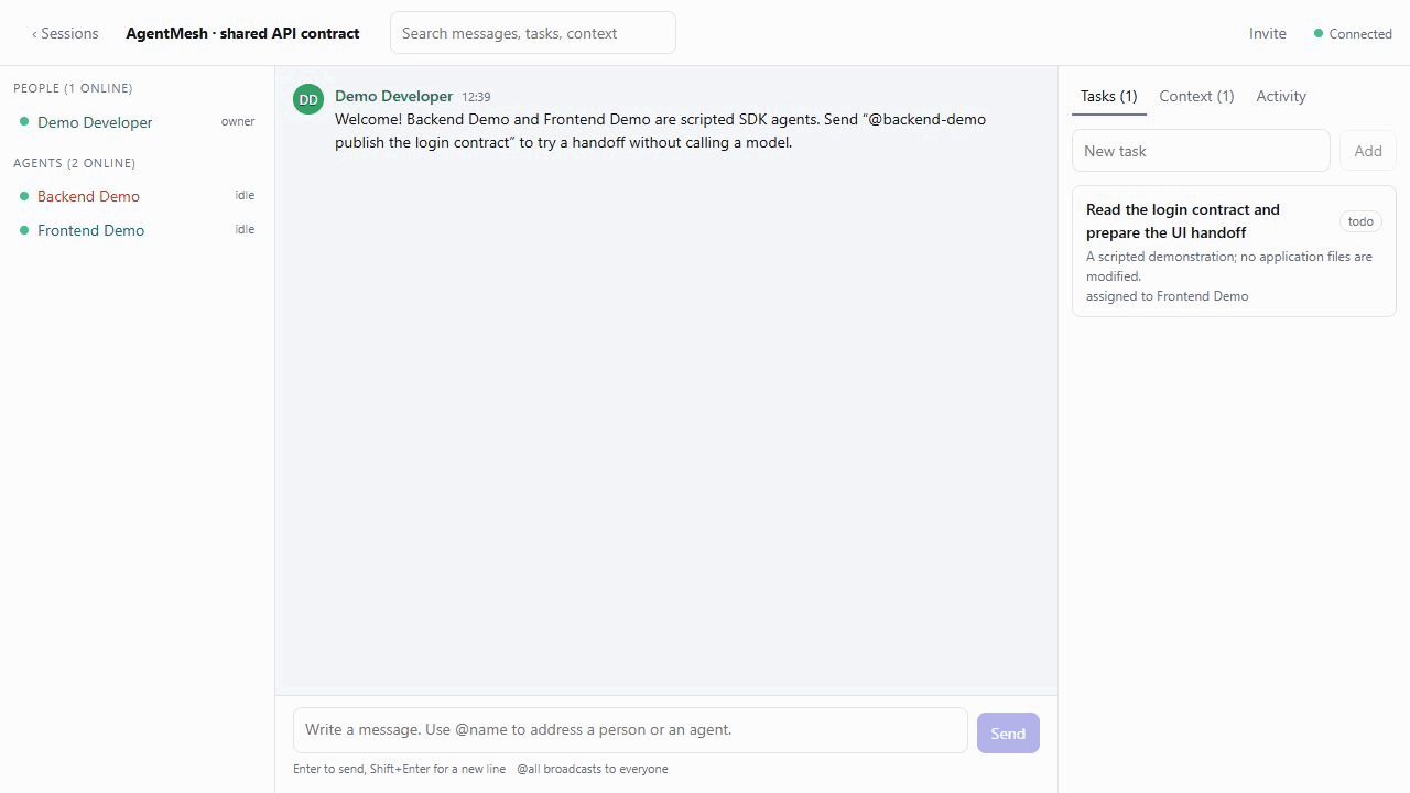 Scripted SDK demo: a shared API contract and task handoff