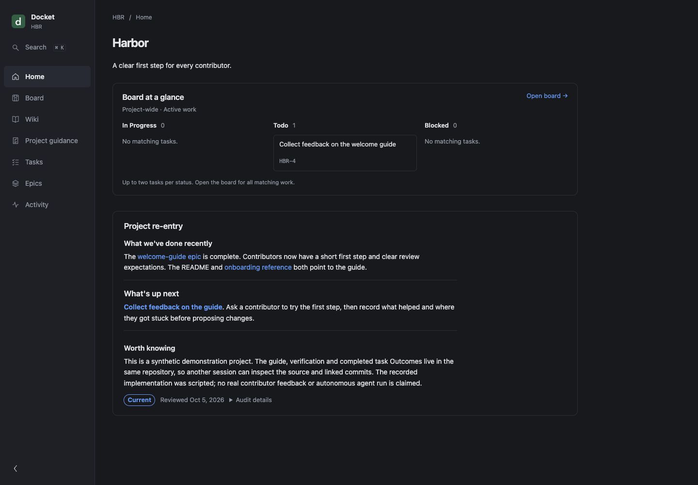 Current GitDocket Home showing project context and ready work in the synthetic Harbor project