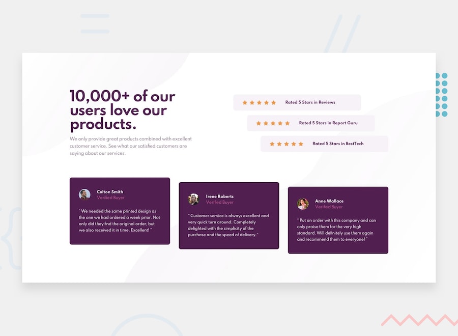 Design preview for the Social proof section coding challenge