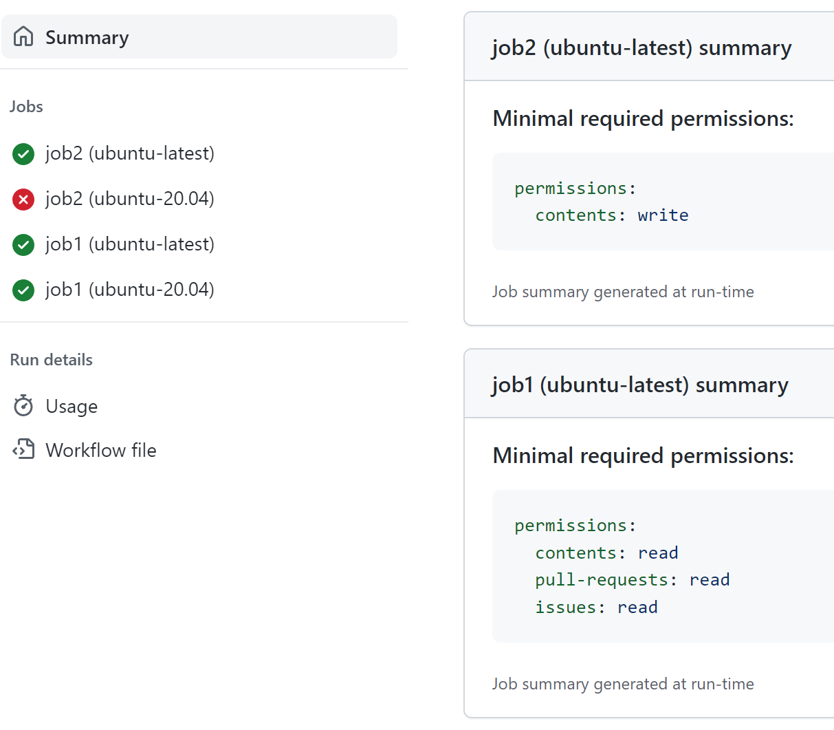 Workflow run summary with permissions recommendations for every job