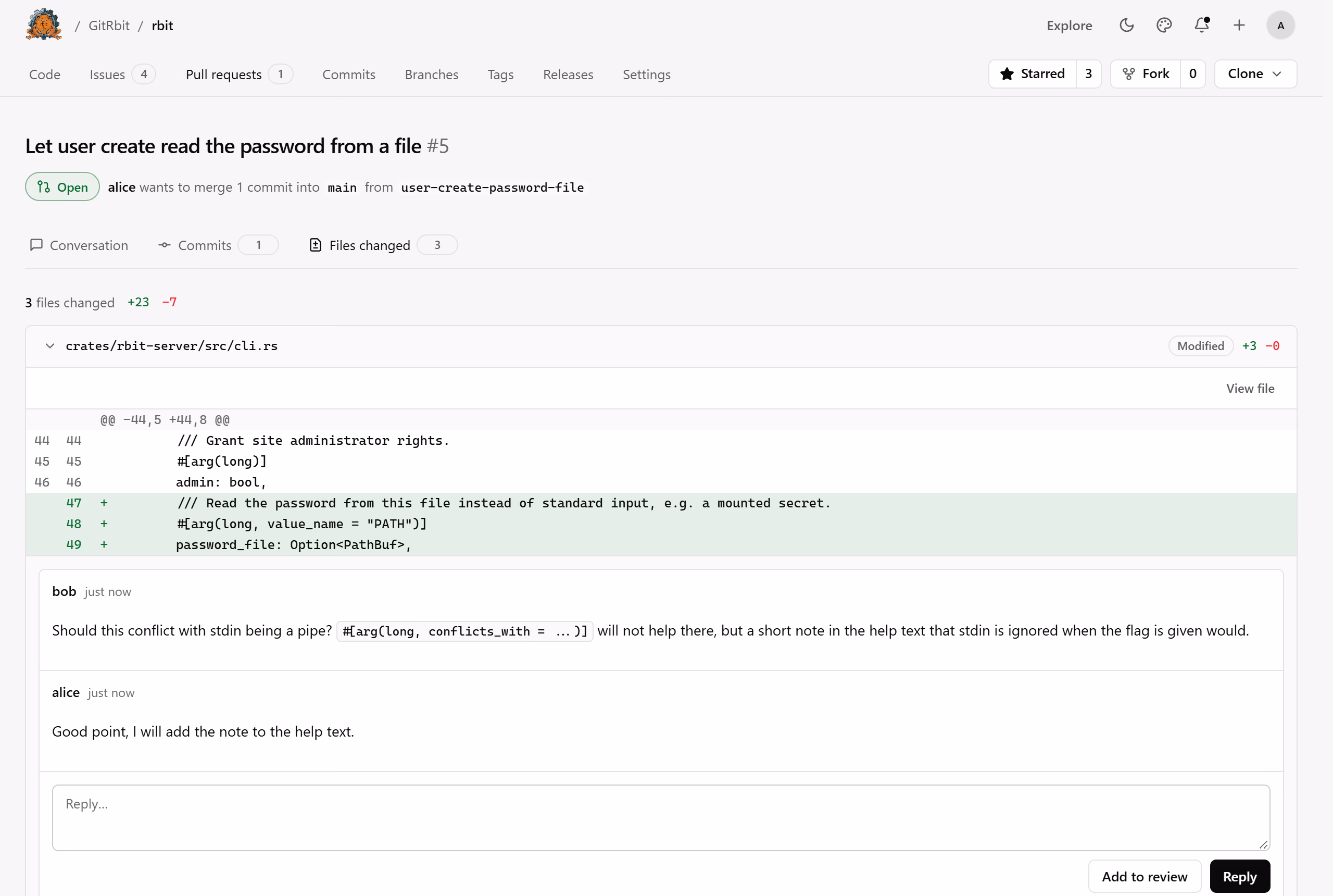 A pull request's Files changed tab in rbit, with a reviewer's line comment and the author's reply under the changed code