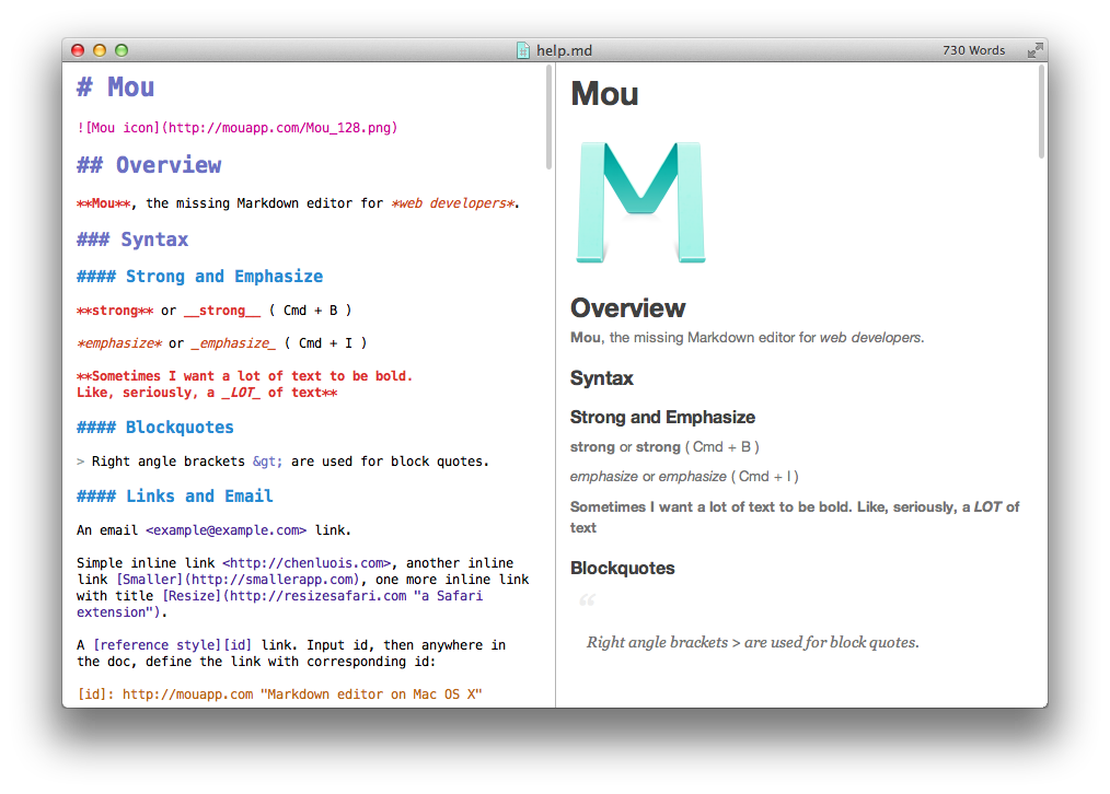 Example of markdown with associated output document on the right