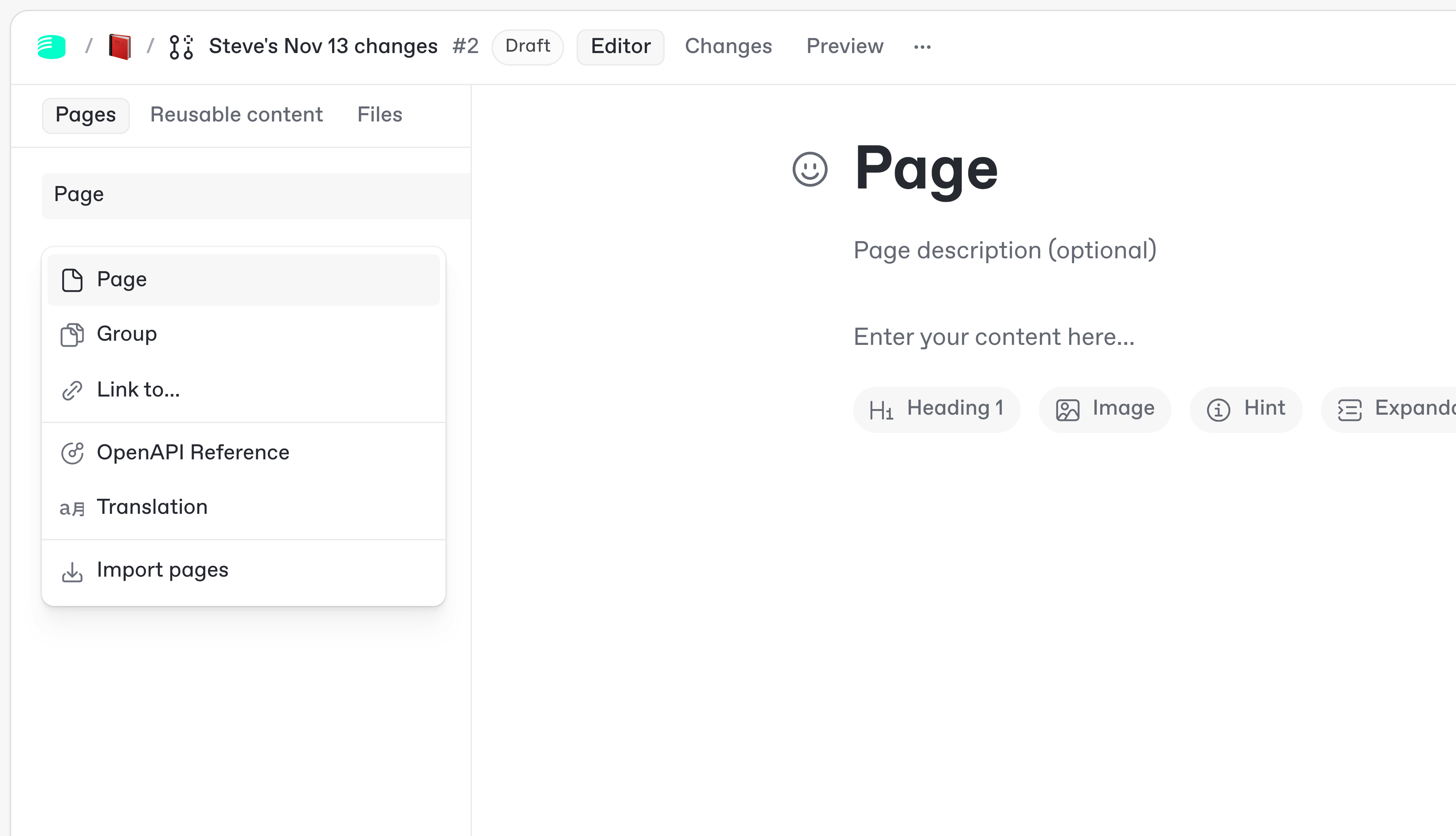 A screenshot of the Editor in the GitBook app, zoomed in to show the menu that lets you add new pages, groups, links and more to a GitBook space.