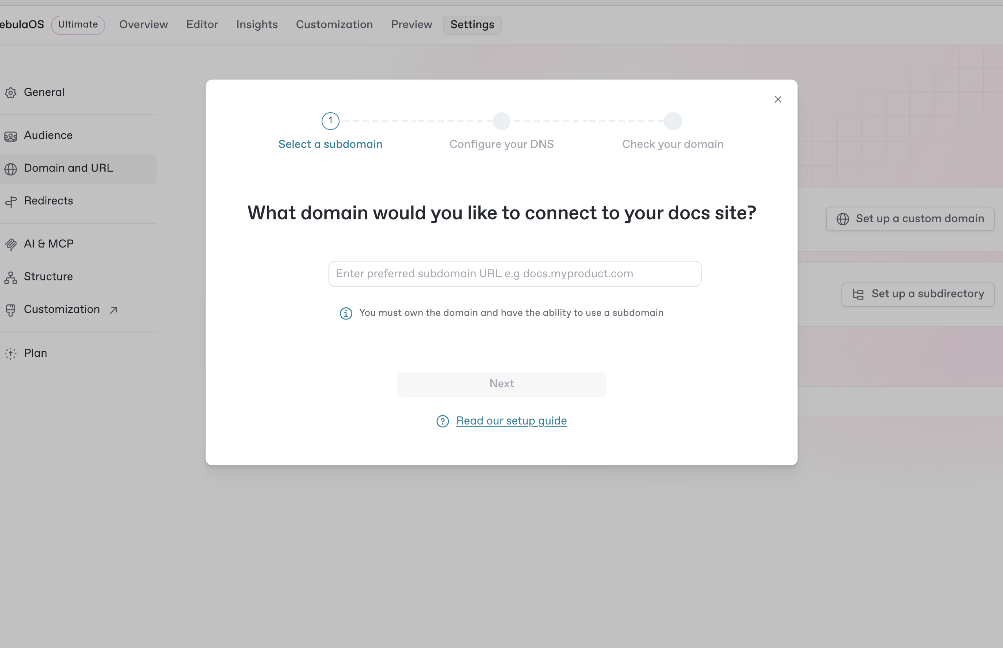 A screenshot of the GitBook app showing the menu that guides you through the process of setting up a custom domain for your docs site.