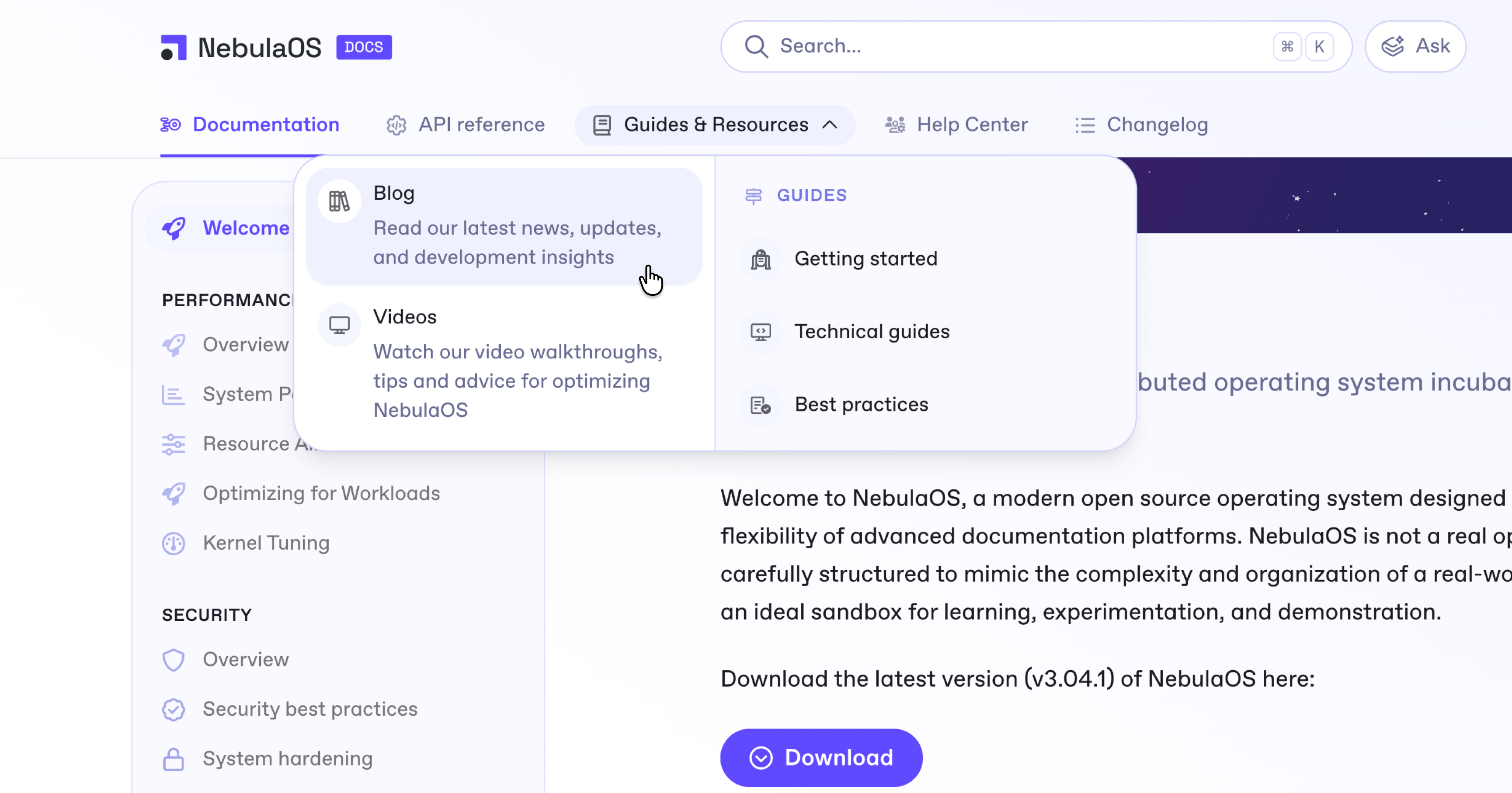 A screenshot of a published docs site hosted on GitBook. The top of the site has a navigation bar, and the cursor is hovering over a drop-down in that bar, with a submenu open below it showing links to more pages