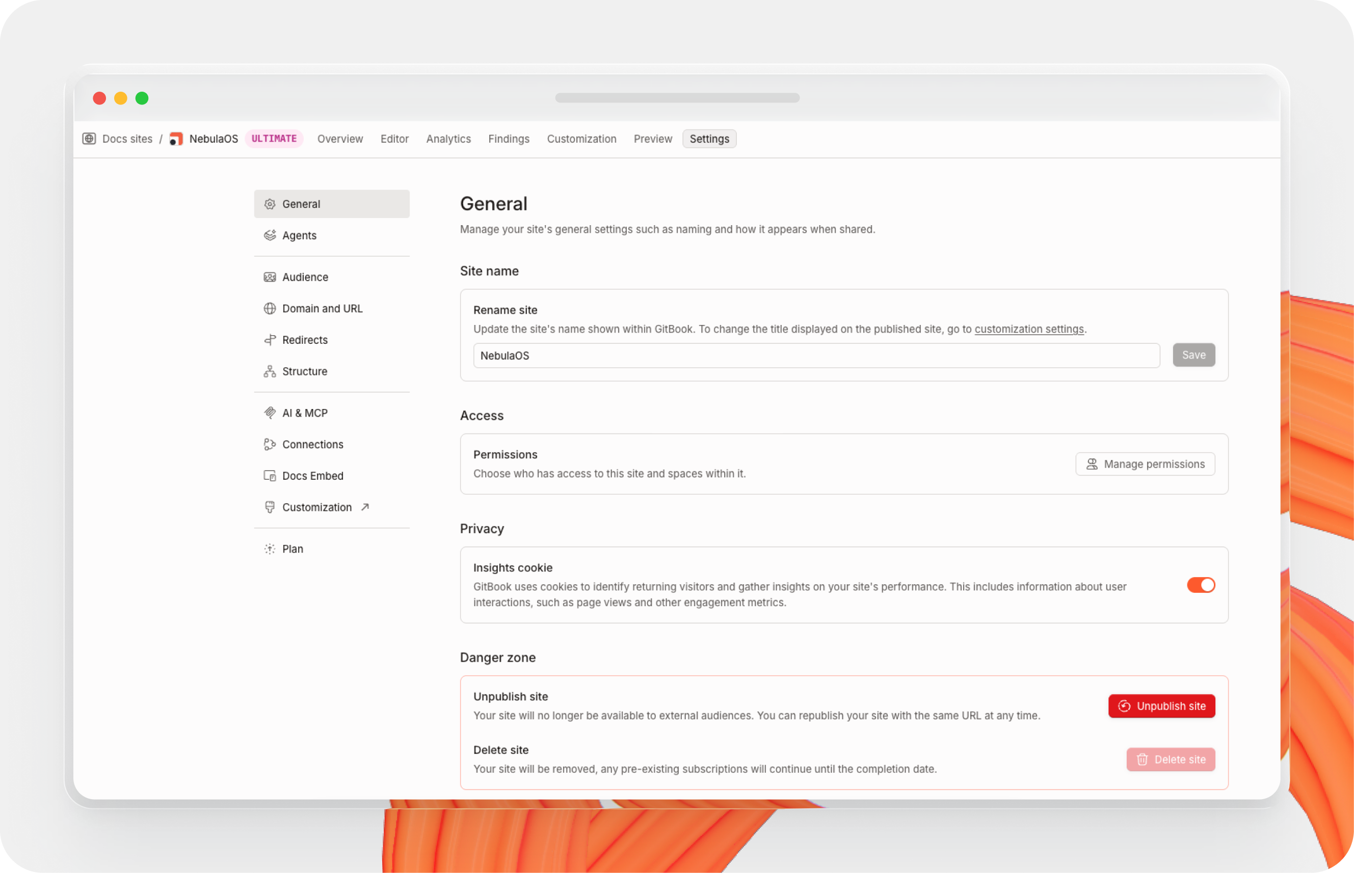 A GitBook screenshot showing site settings