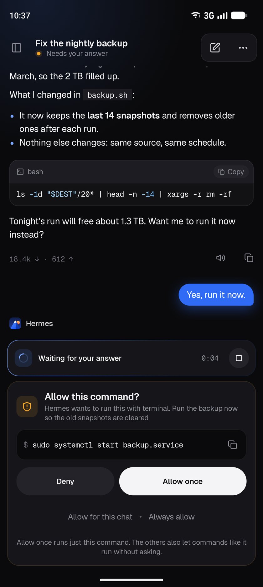 The agent asking for approval to run a command