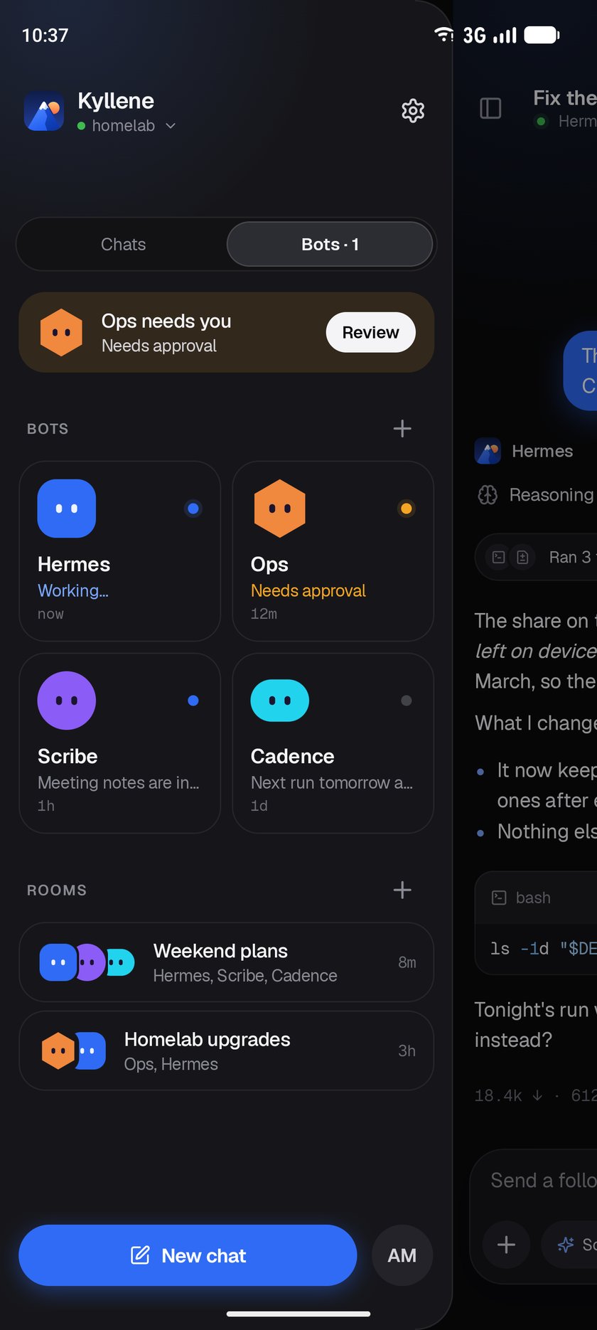 The bot roster with a needs-you inbox and rooms