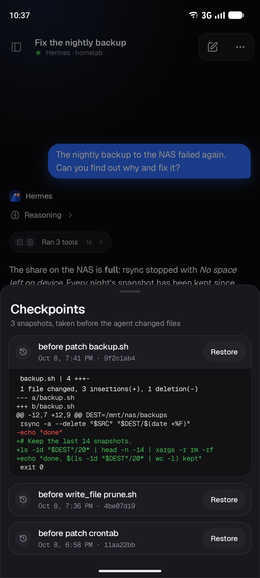 Checkpoints, one opened on its changes