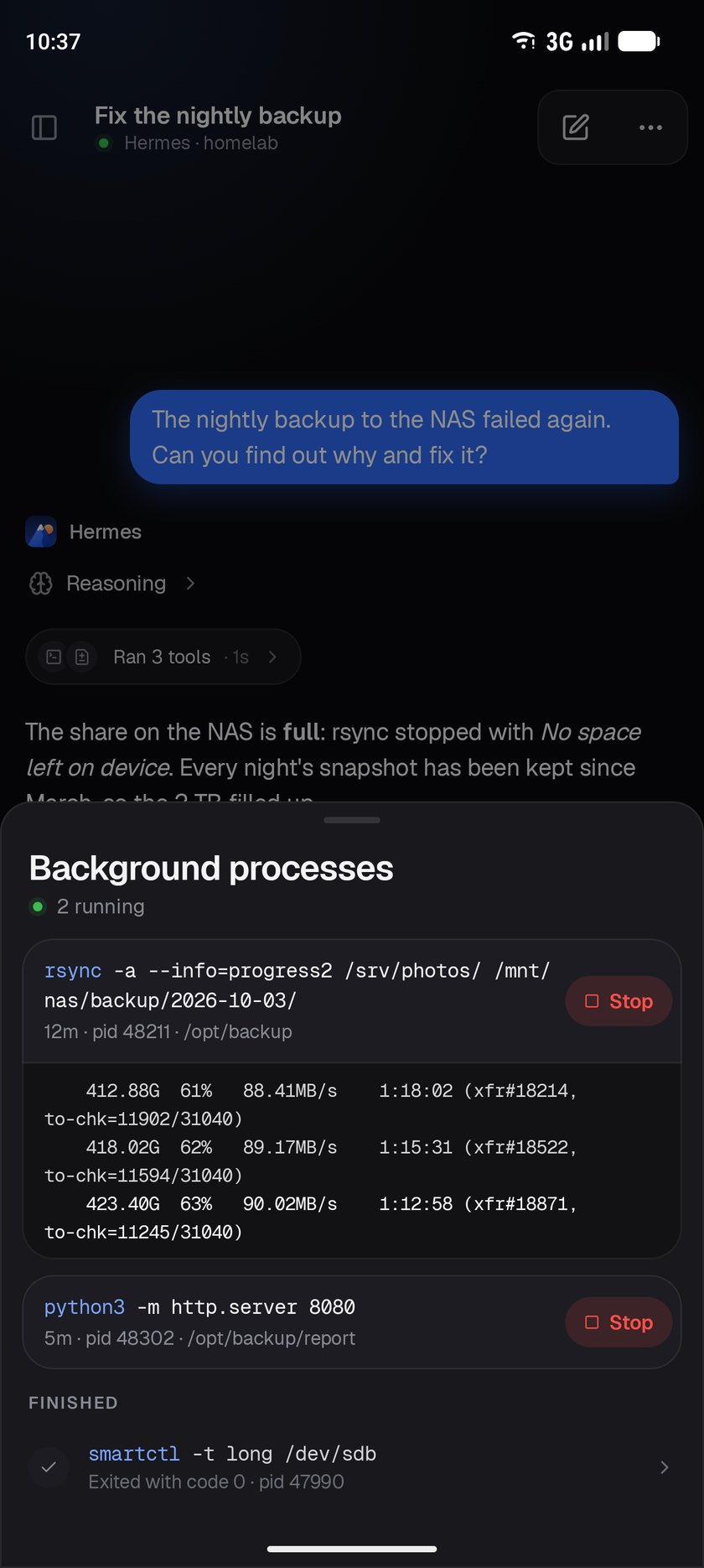 Processes the agent started, with their output and Stop