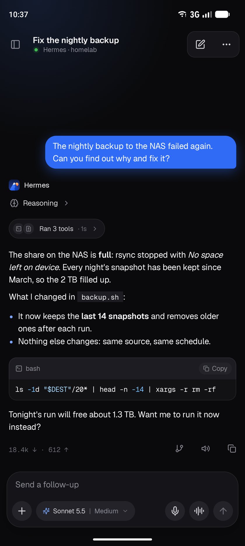 A finished reply with reasoning, tools and a code block