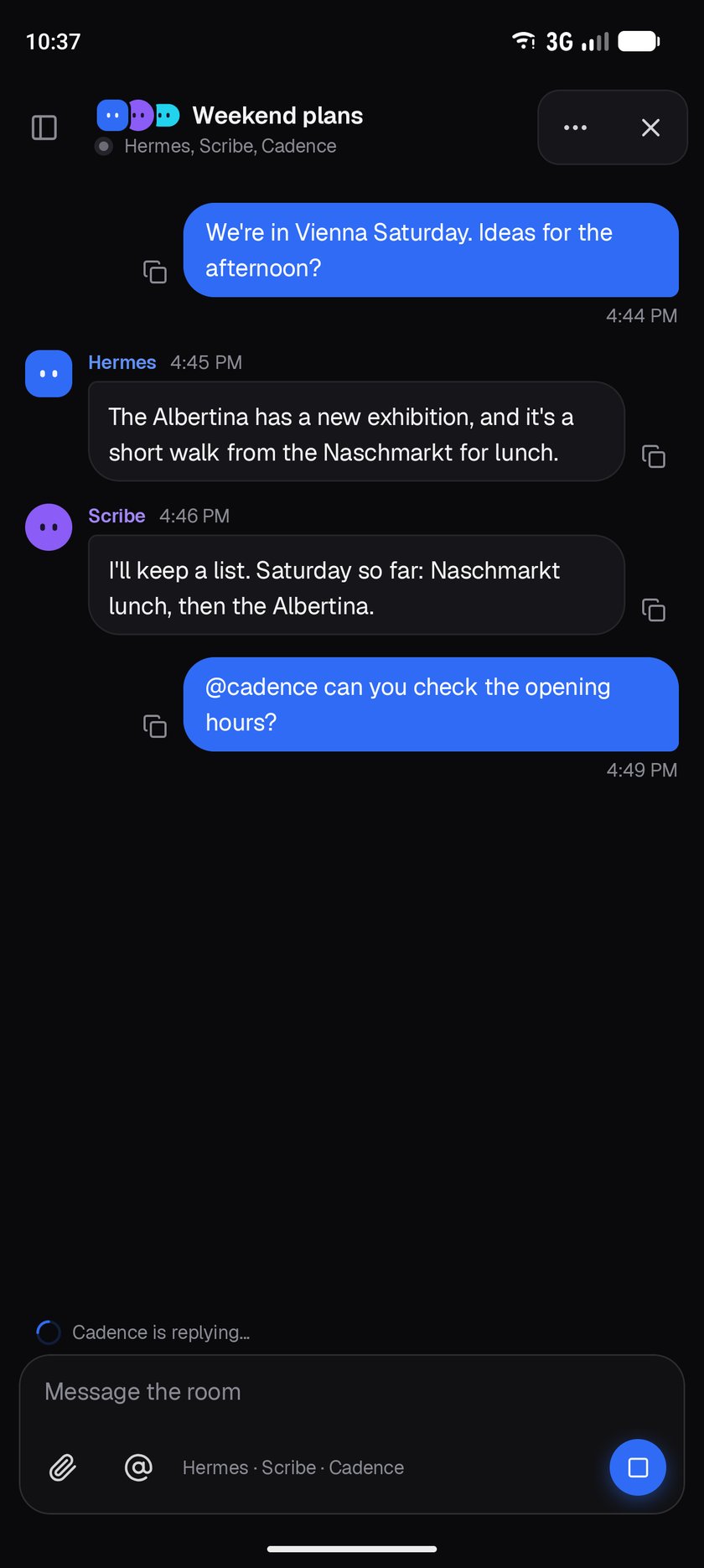 Three bots talking in a room