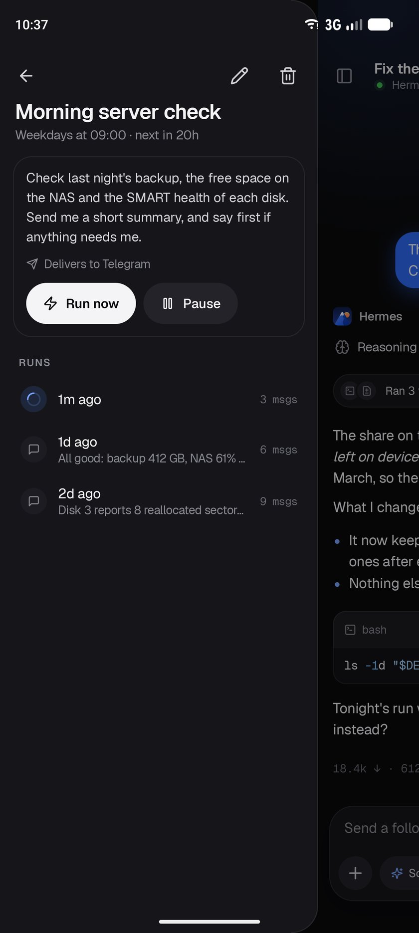 A scheduled job with Run now, Pause and its runs