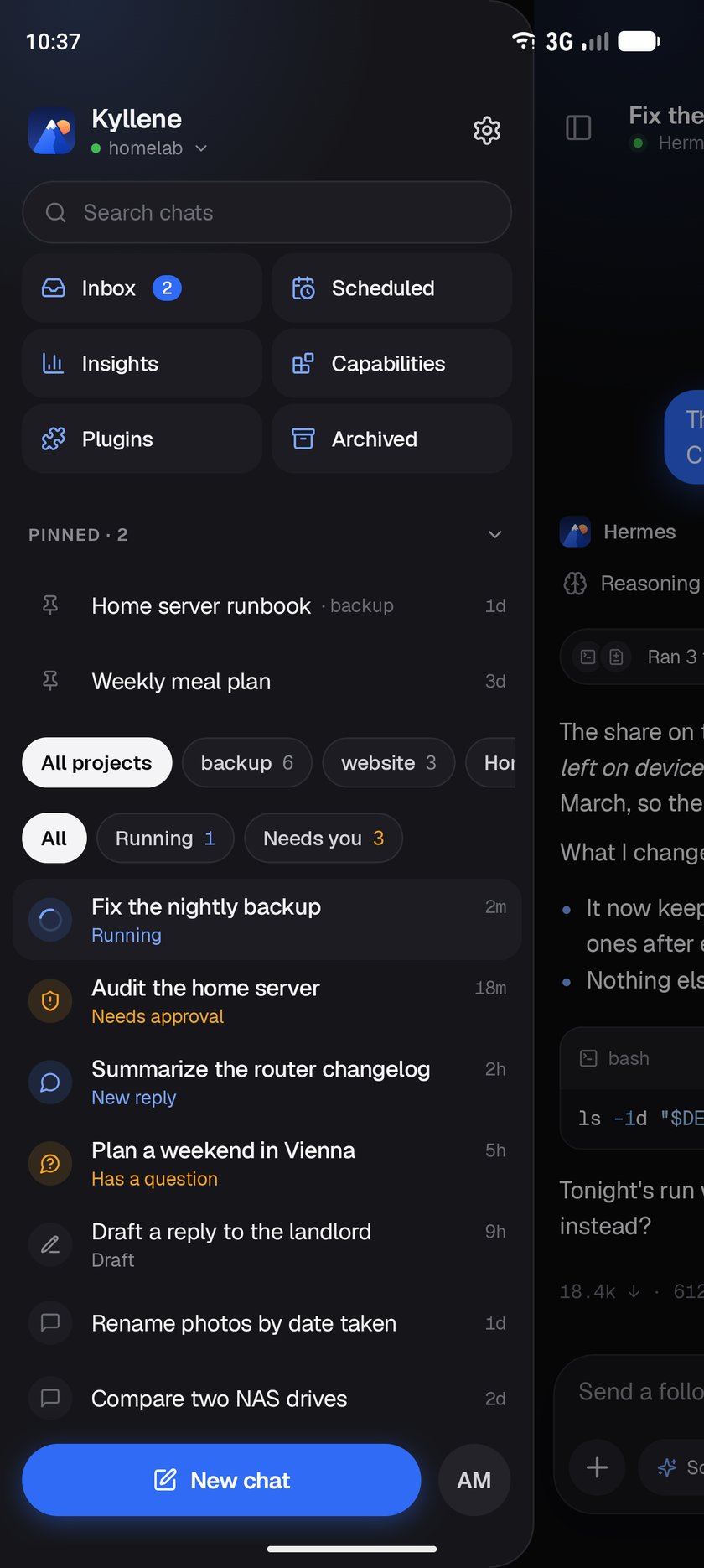 The sessions sidebar with projects, filters and chat states