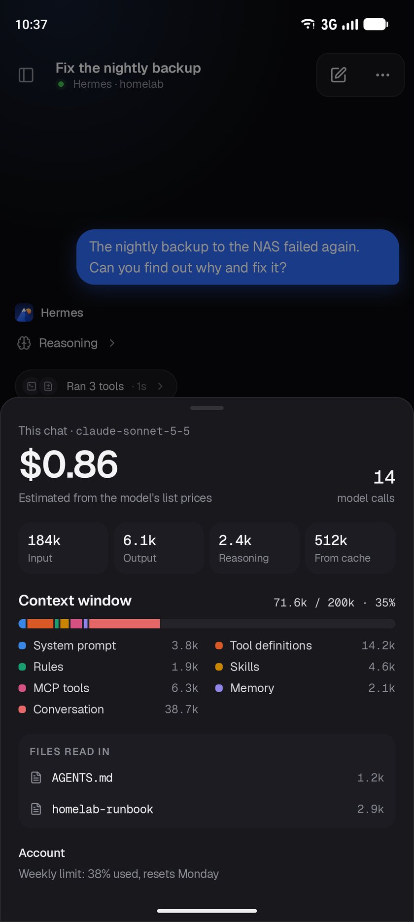 A chat's cost and what fills its context window