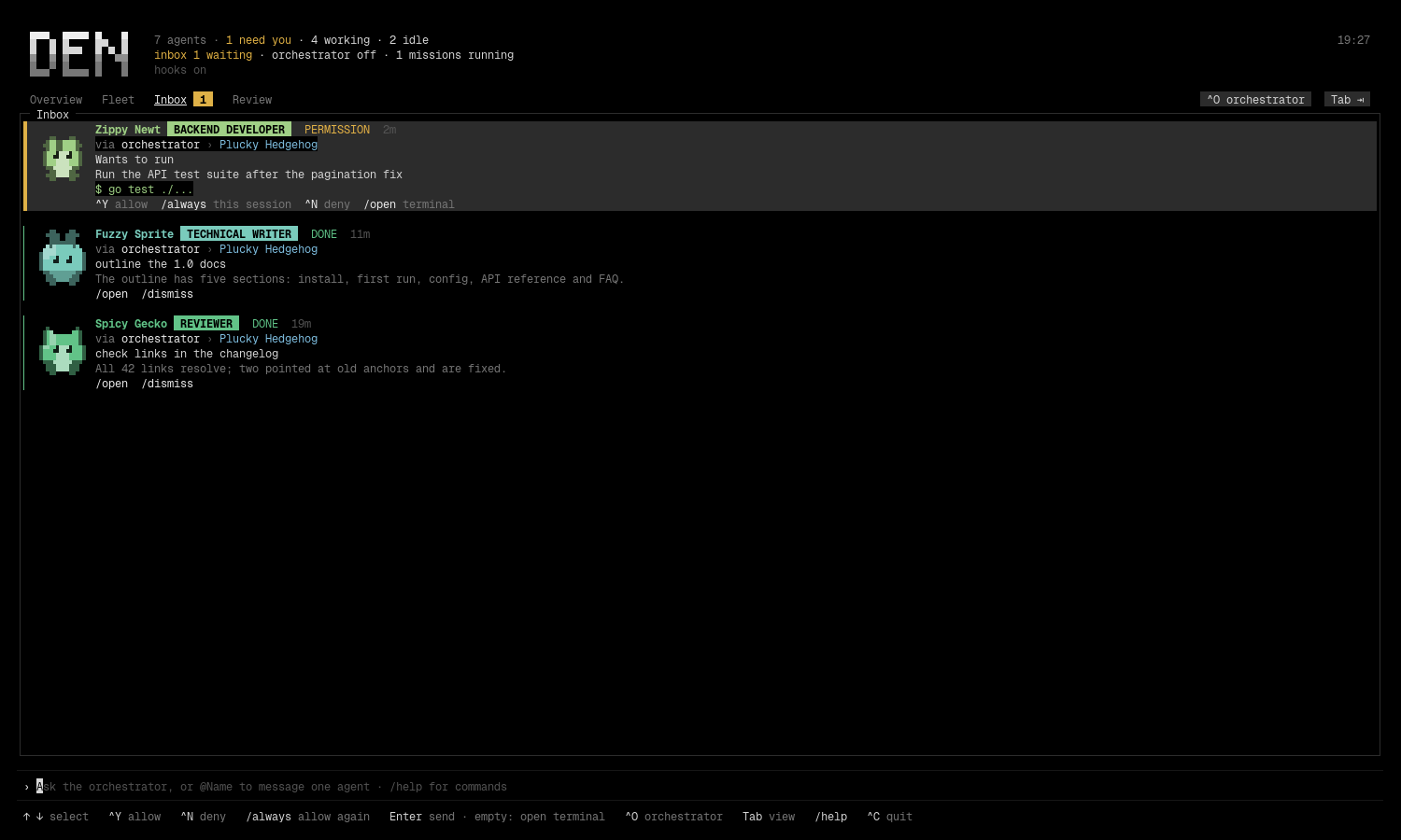 Den's Inbox: a waiting permission request from a backend developer agent to run go test, with Ctrl+Y allow, /always and Ctrl+N deny, above two finished turns from a technical writer and a reviewer.