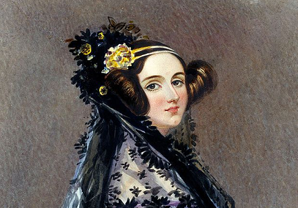 Pintura: retrato de Ada Lovelace: mulher branca de perfil com flores no cabelo.