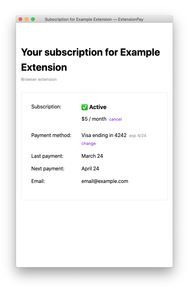 Screenshot of example subscription management page.