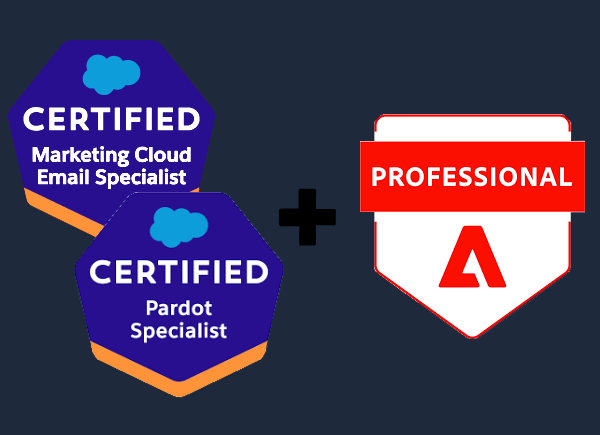 A picture showing three logos, a Marketo Certified Expert badge, a Pardot Specialist badge and a Marketing Cloud Email Specialist badge