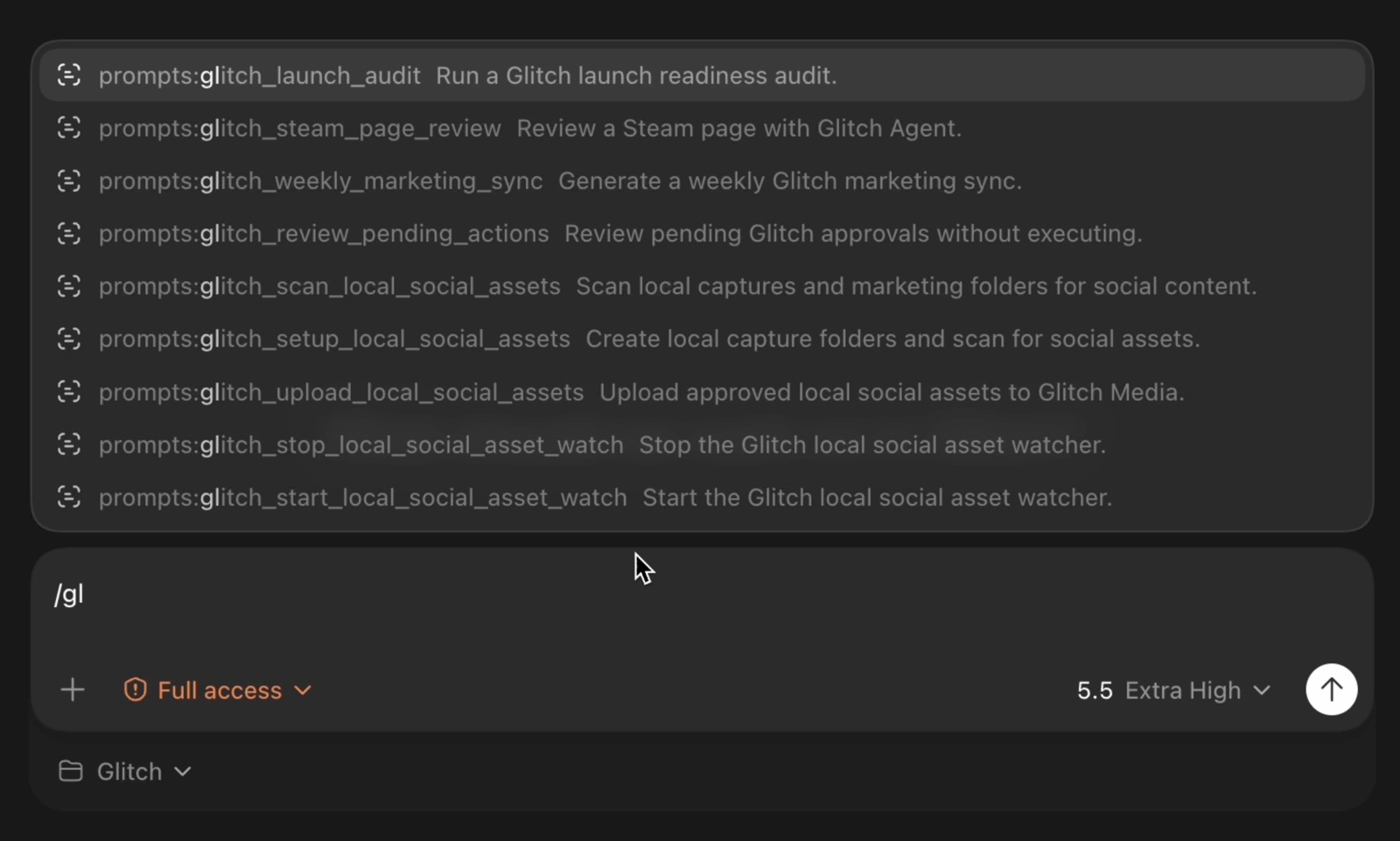 Codex prompt menu showing Glitch MCP slash prompts