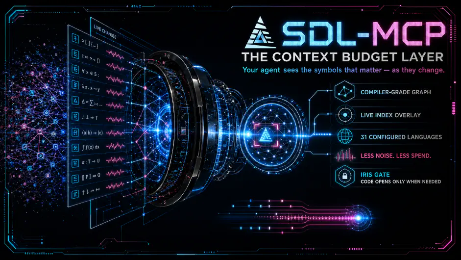 SDL-MCP context budget layer hero with themed logo, symbol graph lens, and feature callouts
