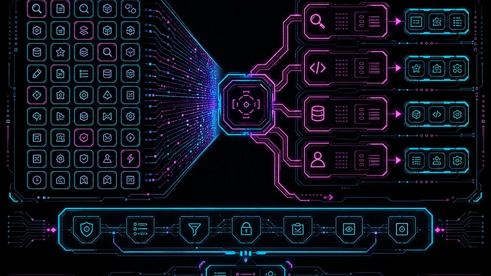 Many abstract action tiles compressed through a gateway into four namespace panels