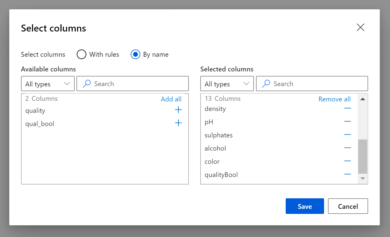 Selecting columns from the dataset